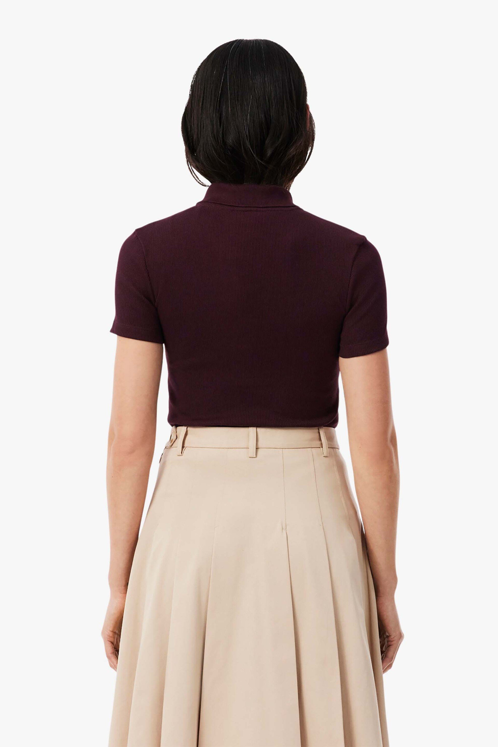 Lacoste Γυναικεία Μπλούζα Πόλο Ribbed με Κεντημένο Λογότυπο Slim Fit - Df5377 Μπορντό Σκούρο