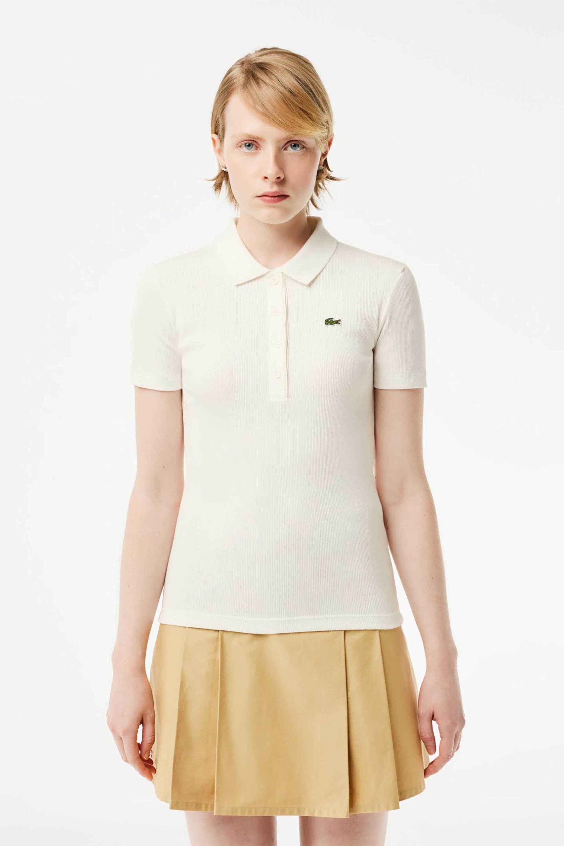 LACOSTE Lacoste γυναικεία μπλούζα πόλο ribbed με κεντημένο λογότυπο Slim Fit - DF5377 Λευκό