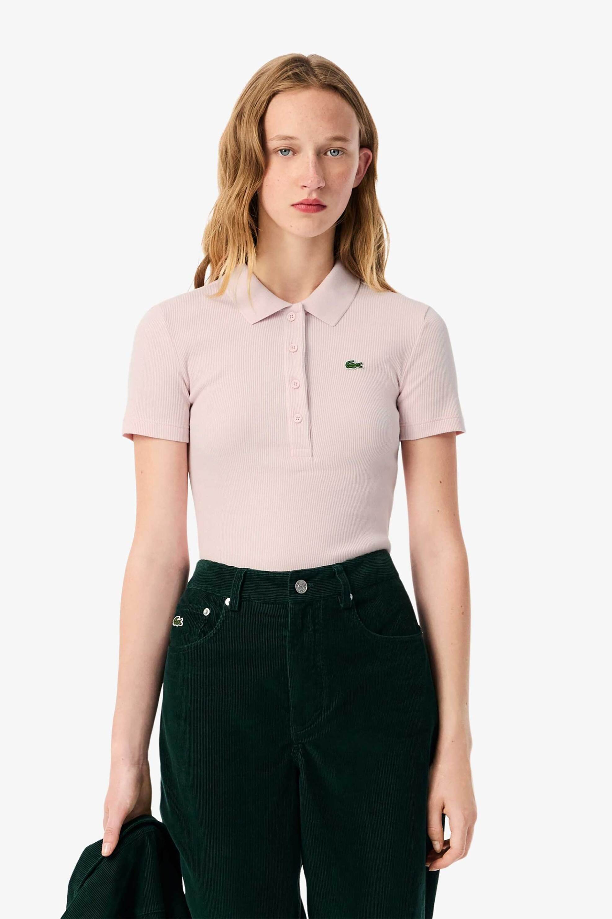 LACOSTE Lacoste γυναικεία μπλούζα πόλο ribbed με κεντημένο λογότυπο Slim Fit - DF5377 Ροζ Ανοιχτό