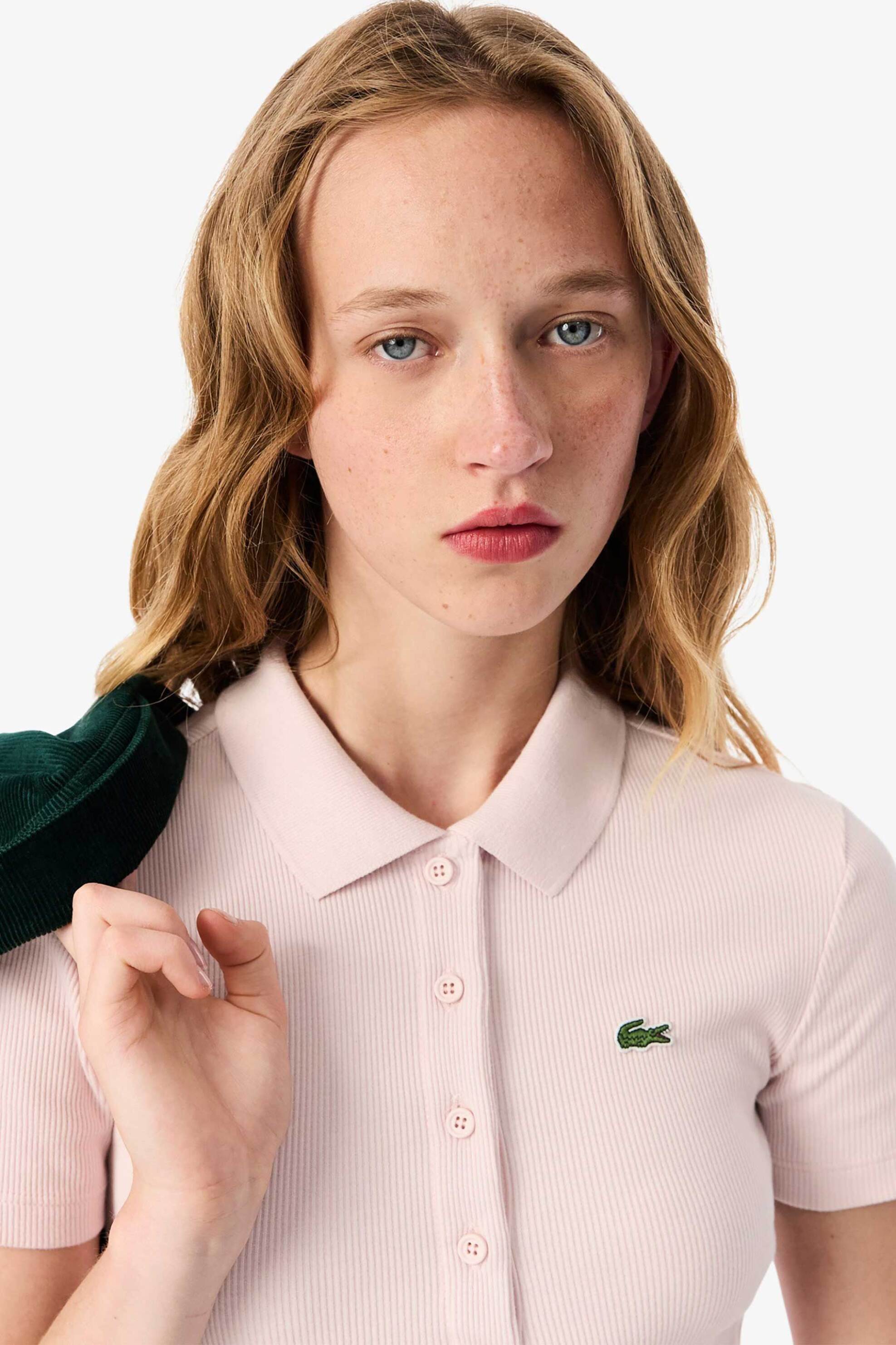 Lacoste γυναικεία μπλούζα πόλο ribbed με κεντημένο λογότυπο Slim Fit - DF5377 Ροζ Ανοιχτό φωτογραφία