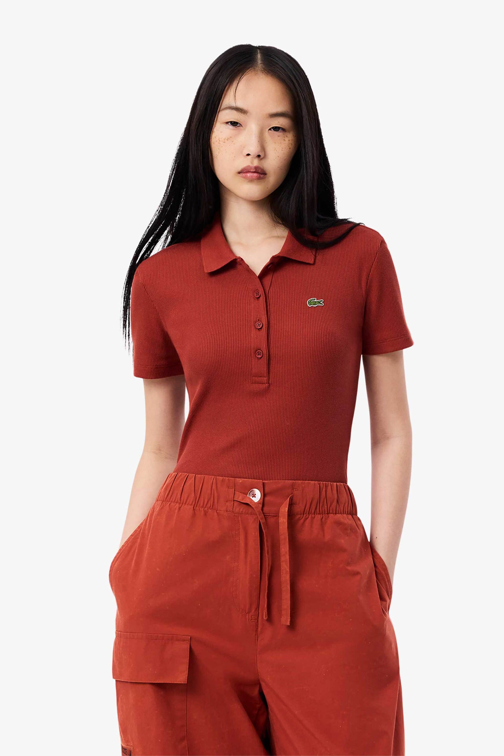 LACOSTE Lacoste γυναικεία μπλούζα πόλο ribbed με κεντημένο λογότυπο Slim Fit - DF5377 Κεραμιδί