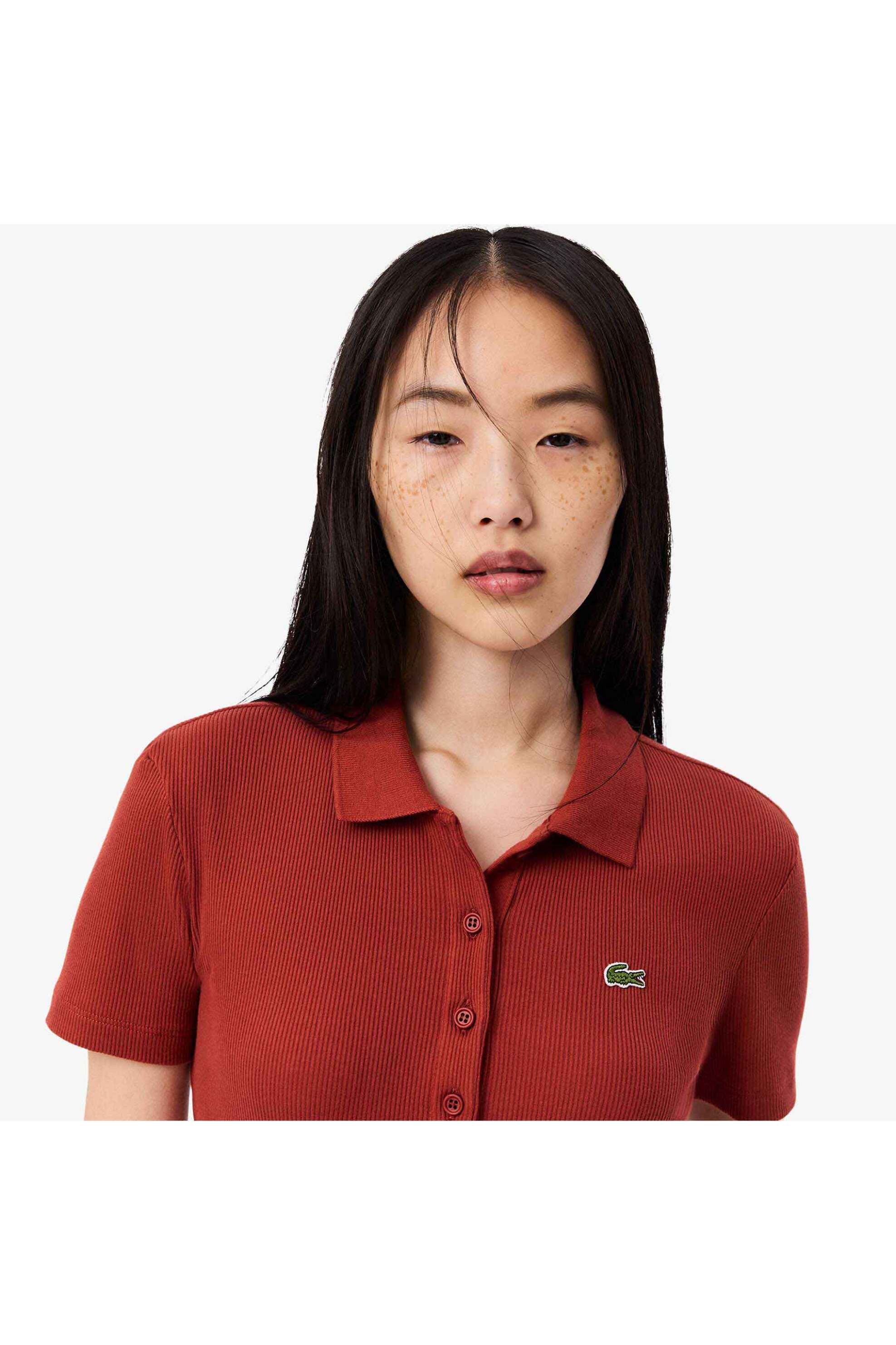 Lacoste γυναικεία μπλούζα πόλο ribbed με κεντημένο λογότυπο Slim Fit - DF5377 Κεραμιδί φωτογραφία