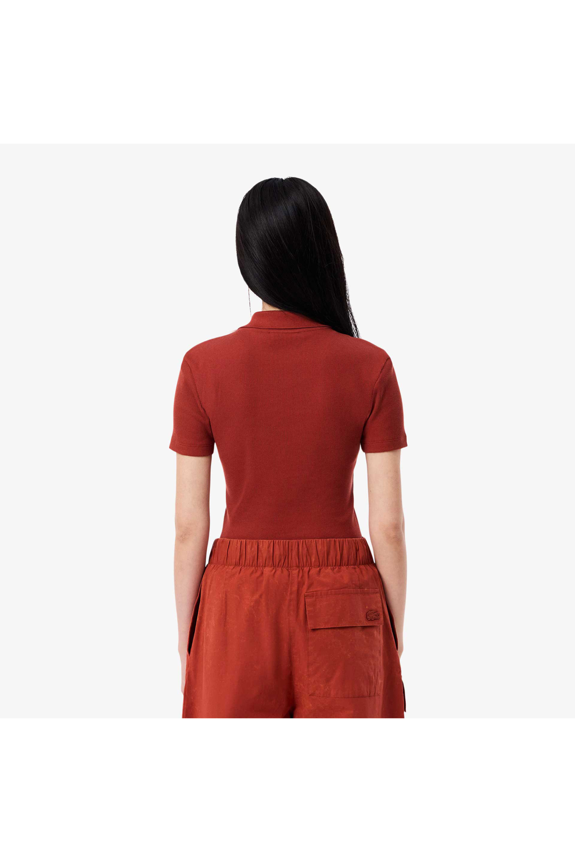 Lacoste γυναικεία μπλούζα πόλο ribbed με κεντημένο λογότυπο Slim Fit - DF5377 Κεραμιδί φωτογραφία