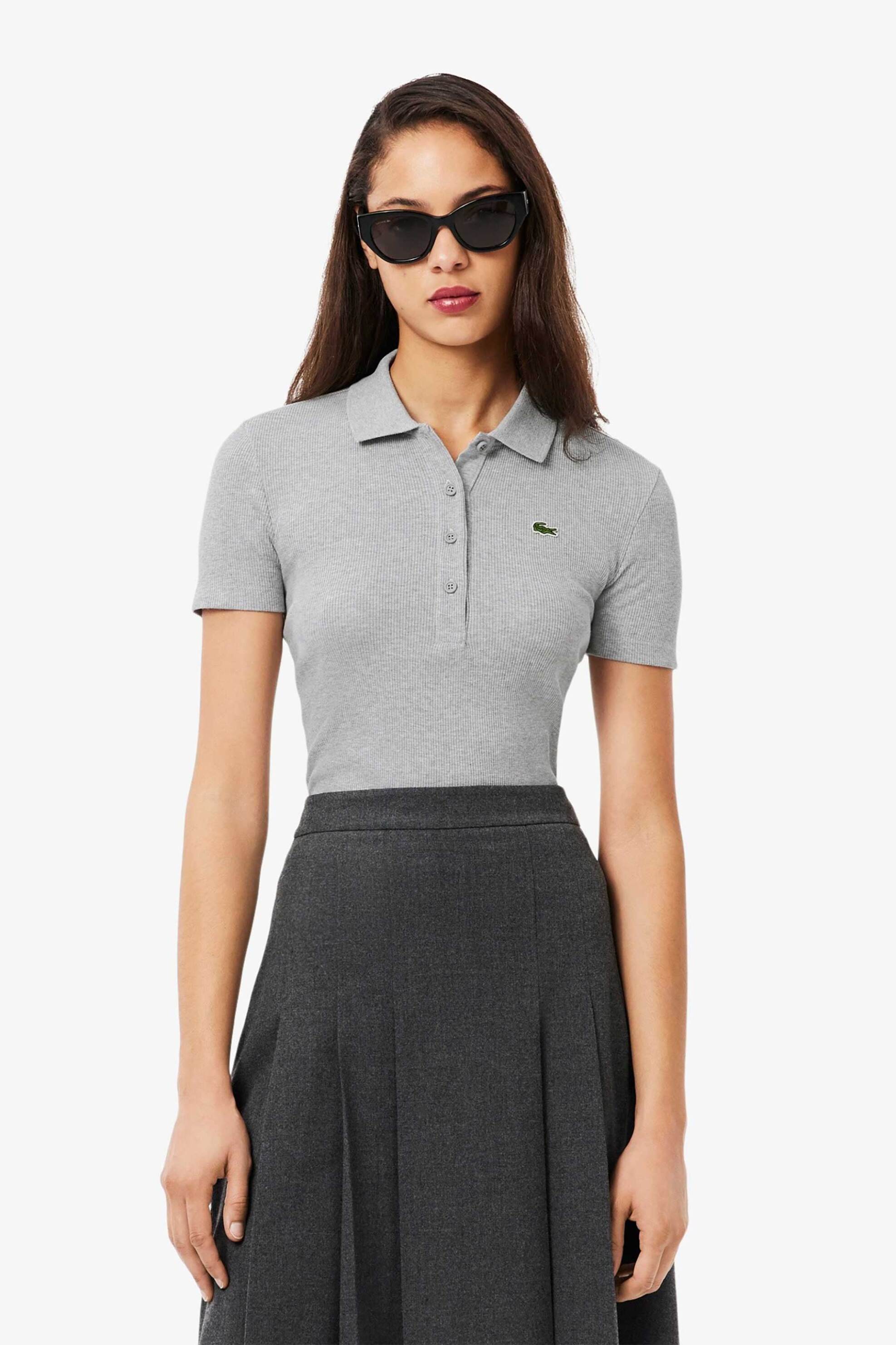 LACOSTE Lacoste γυναικεία μπλούζα πόλο ribbed με κεντημένο λογότυπο Slim Fit - DF5377 Γκρι