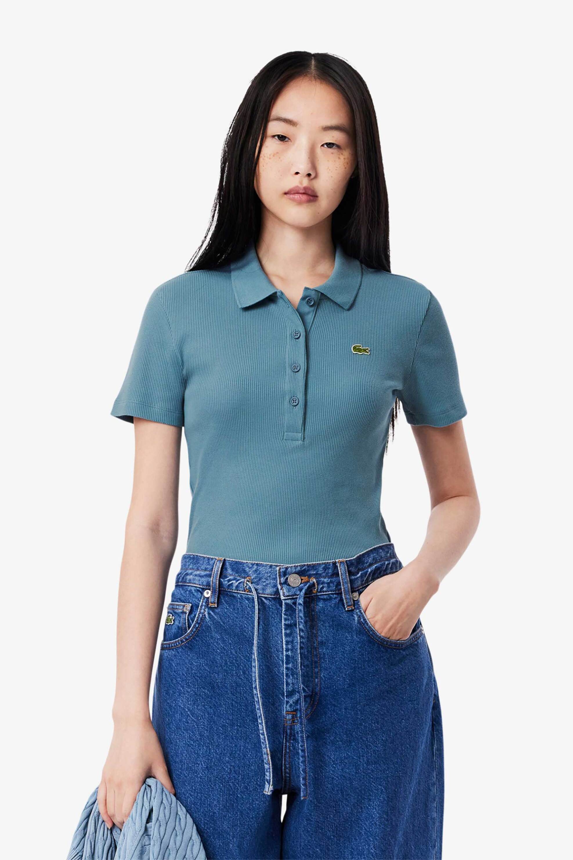 LACOSTE Lacoste γυναικεία μπλούζα πόλο ribbed με κεντημένο λογότυπο Slim Fit - DF5377 Μπλε Ανοιχτό