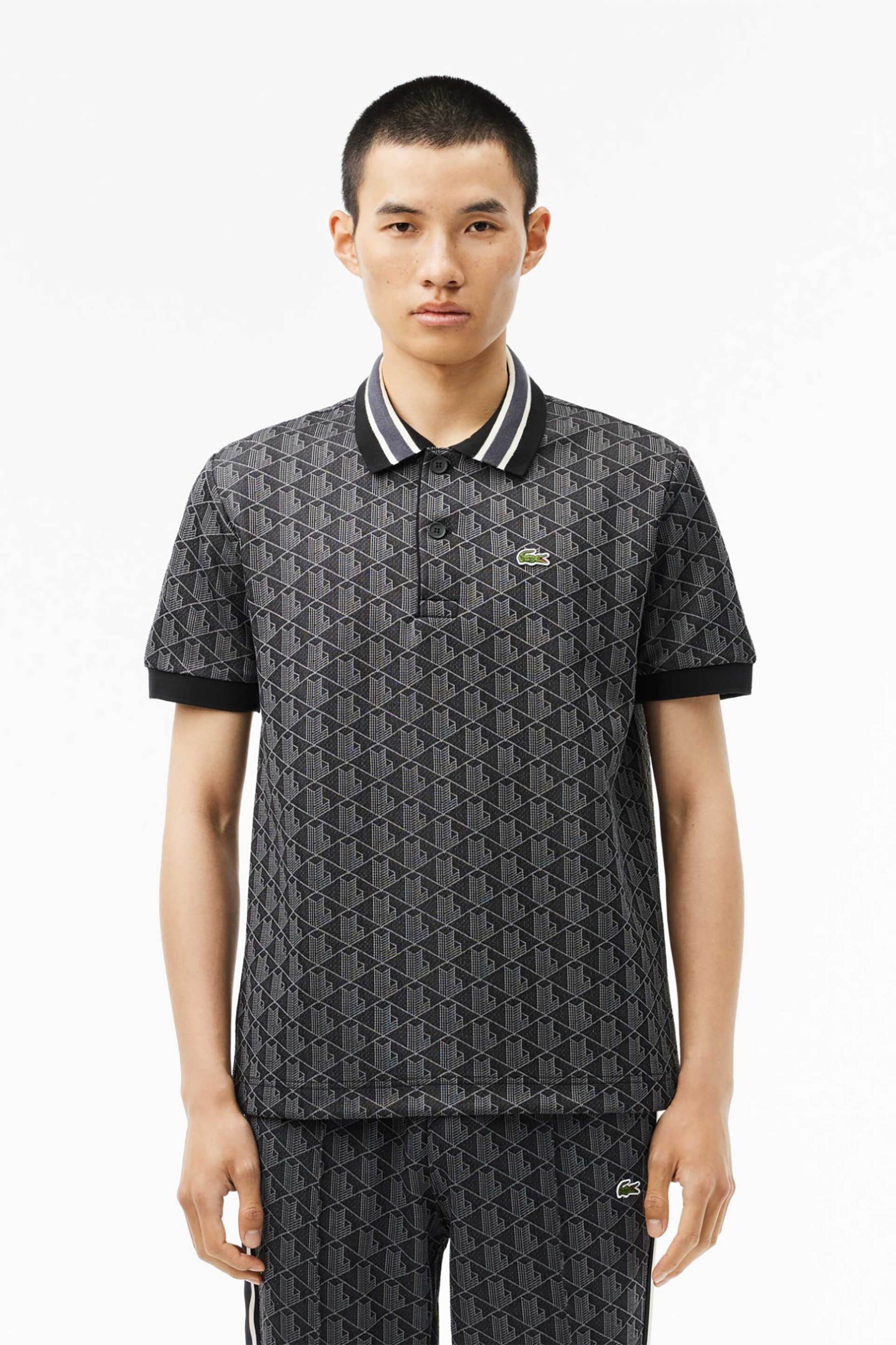 Lacoste ανδρική μπλούζα πόλο με all-over monogram Classic Fit - DH1417 Μαύρο