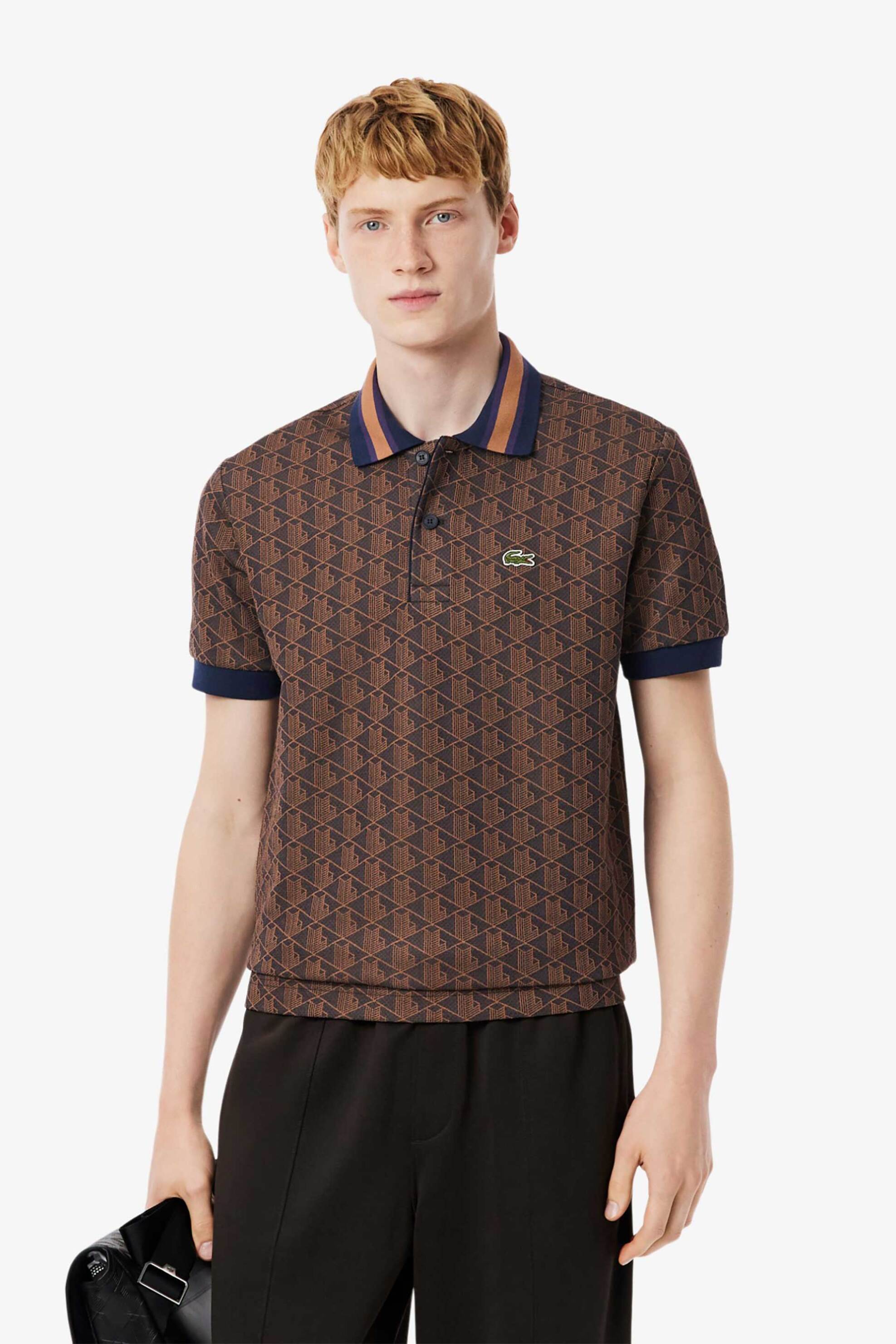 Lacoste ανδρική μπλούζα πόλο με all-over monogram Classic Fit - DH1417 Καφέ