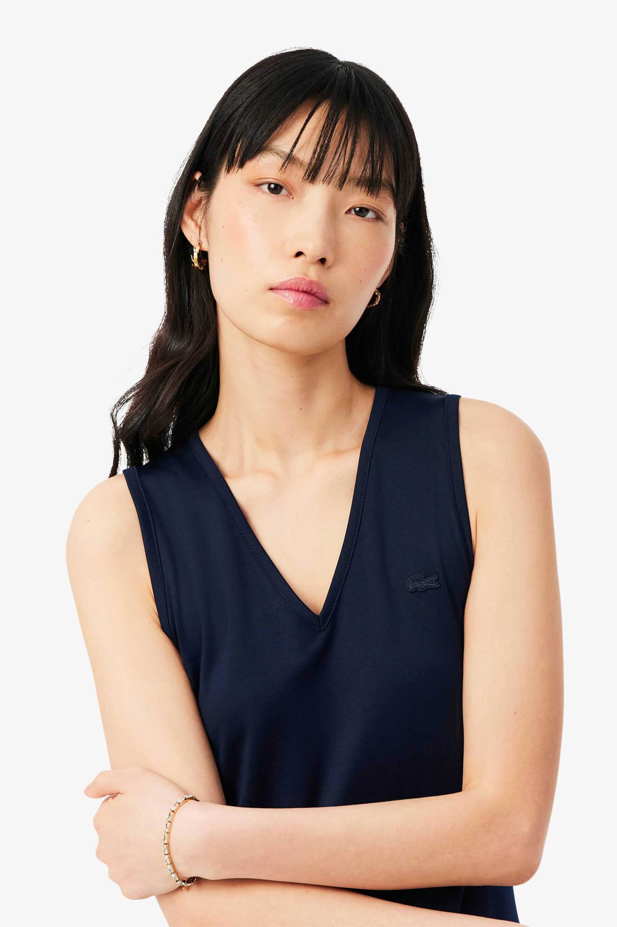Lacoste γυναικείο midi φόρεμα αμάνικο με V και πλισέ φούστα Regular Fit - EF2432 Μπλε Σκούρο