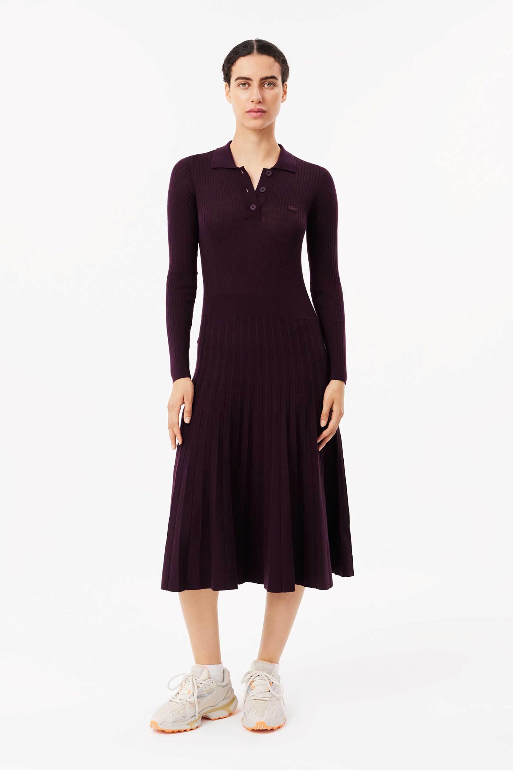 Lacoste γυναικείο μάλλινο midi φόρεμα ribbed με κεντημένο tone-on-tone λογότυπο - EF2612-00 Μπορντό