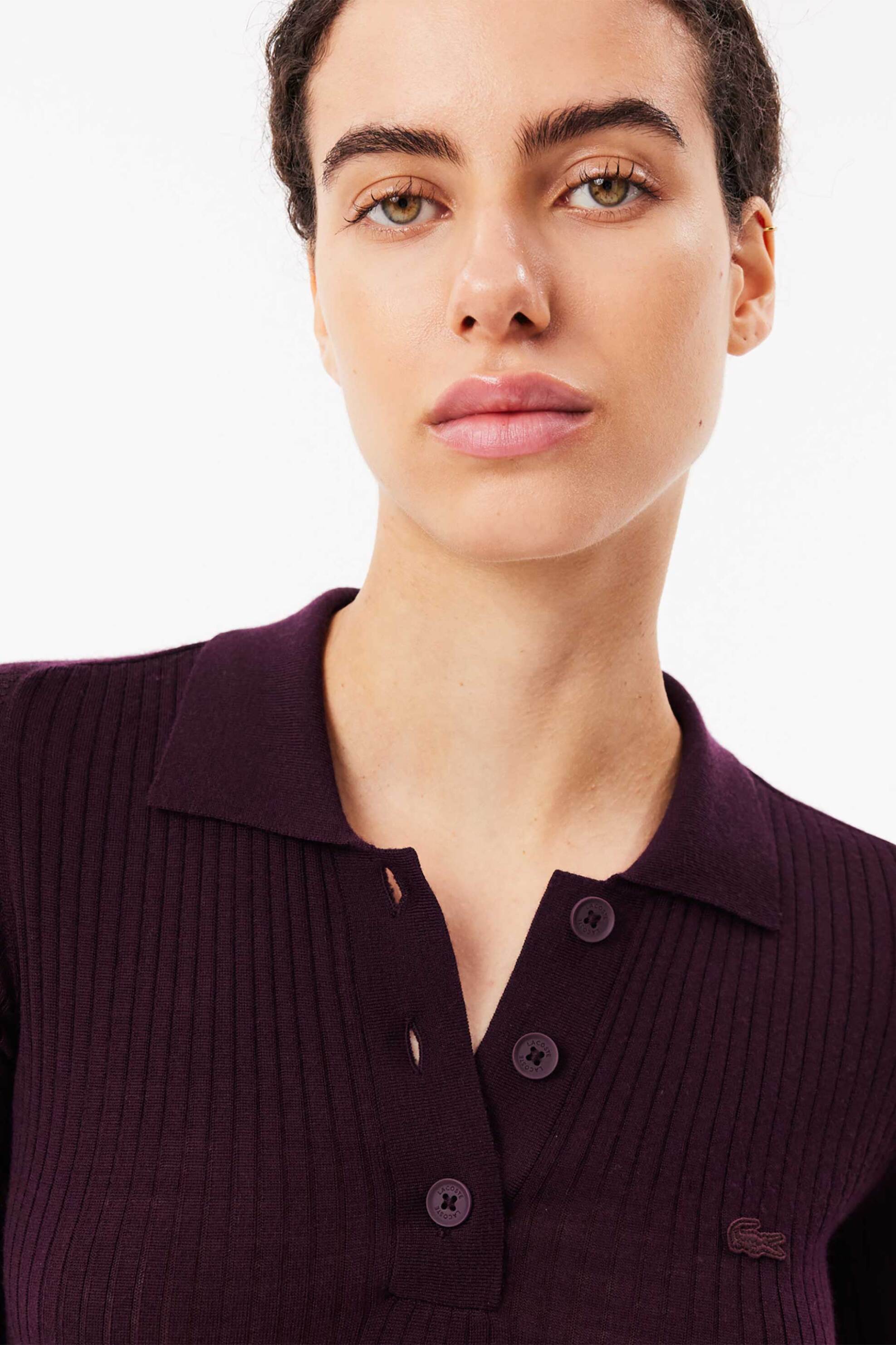 LACOSTE Lacoste γυναικείο μάλλινο midi φόρεμα ribbed με κεντημένο tone-on-tone λογότυπο - EF2612-00 Μπορντό - 2