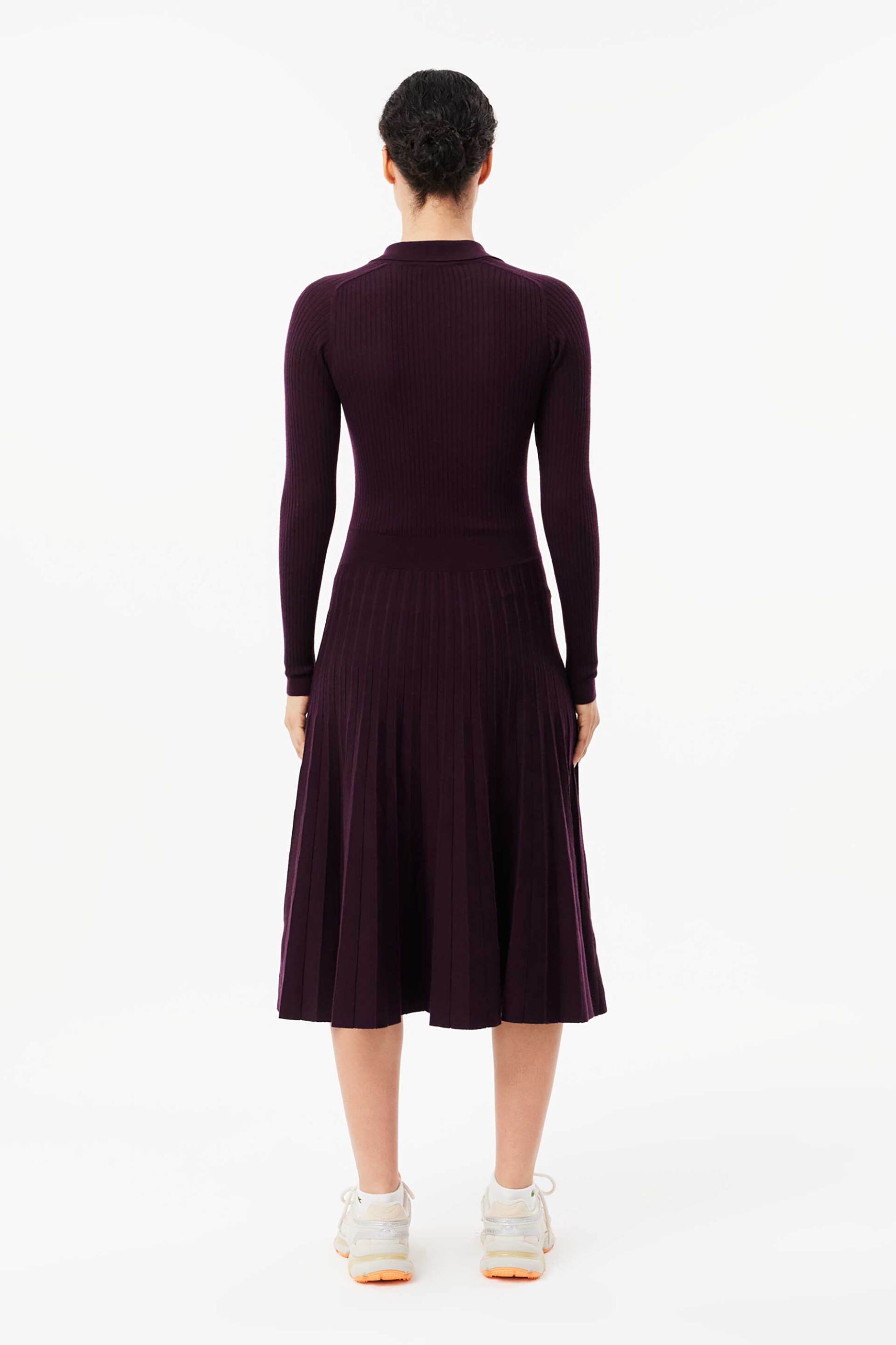 Lacoste Γυναικείο Μάλλινο Midi Φόρεμα Ribbed με Κεντημένο Tone-On-Tone Λογότυπο - Ef2612-00 Μπορντό