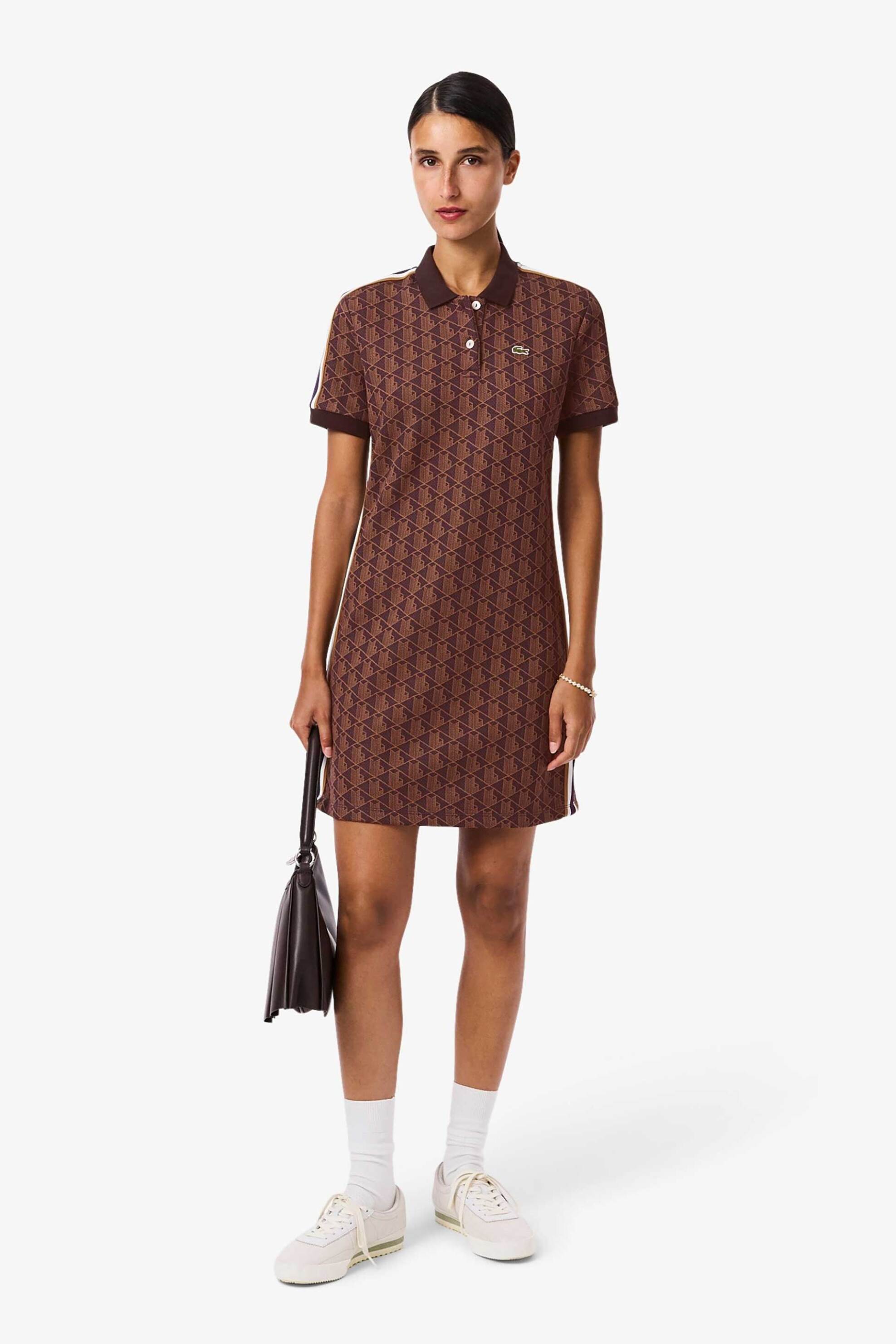 Lacoste γυναικείο mini φόρεμα πόλο με all-over monogram Slim Fit - EF2655-00 Καφέ