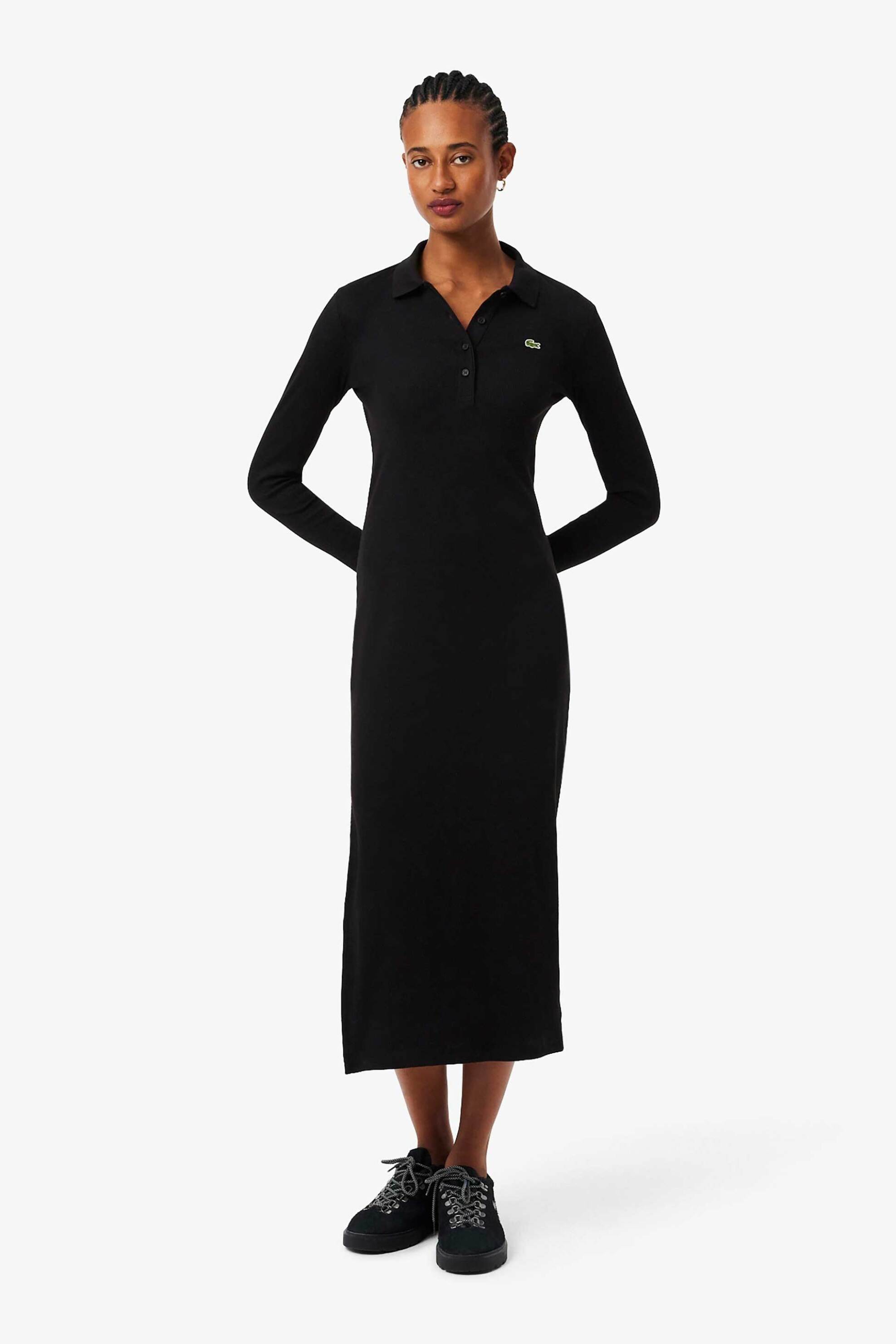 Lacoste γυναικείο midi φόρεμα πόλο ribbed με κεντημένο λογότυπο Slim Fit - EF5297 Μαύρο