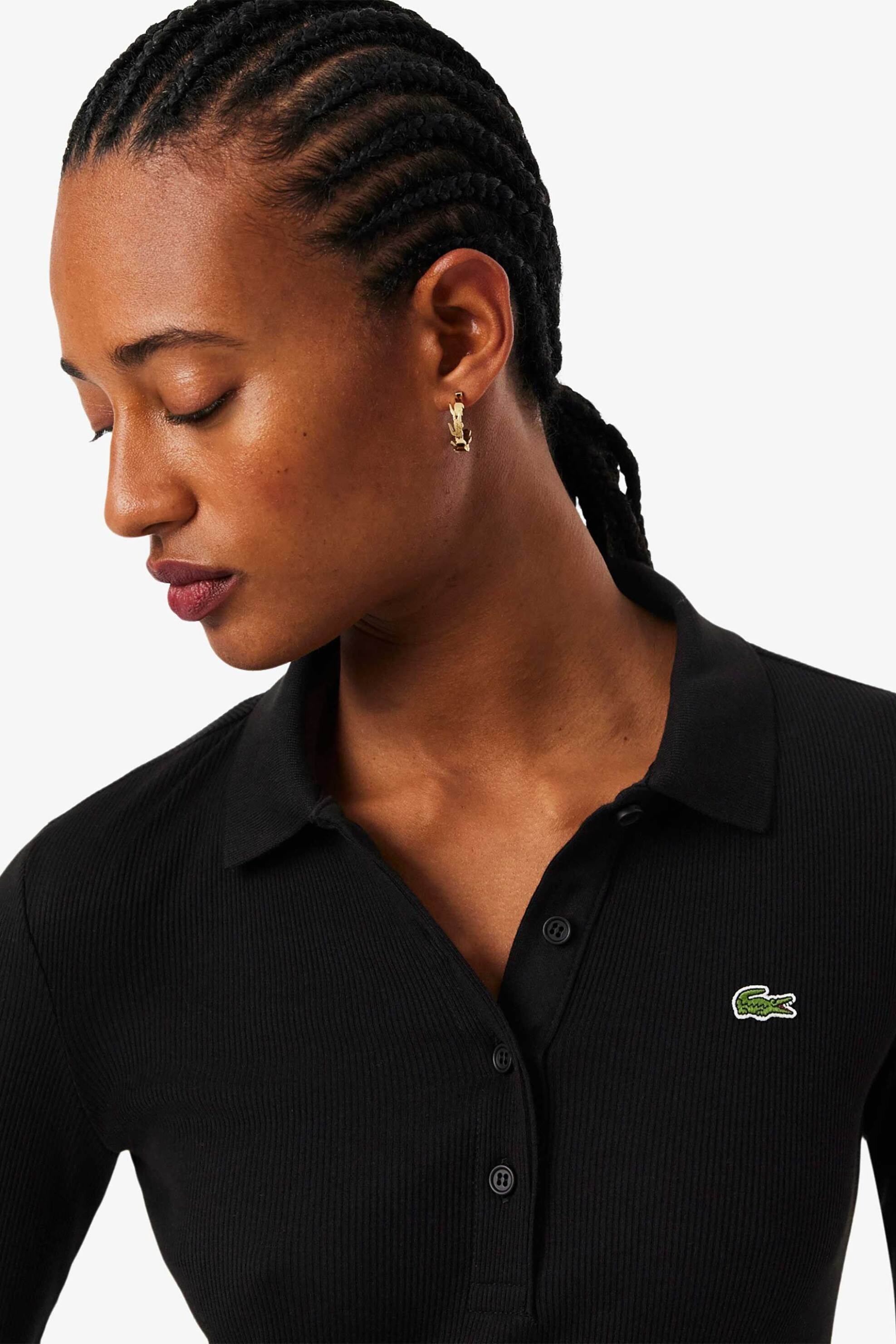 Lacoste γυναικείο midi φόρεμα πόλο ribbed με κεντημένο λογότυπο Slim Fit - EF5297 Μαύρο