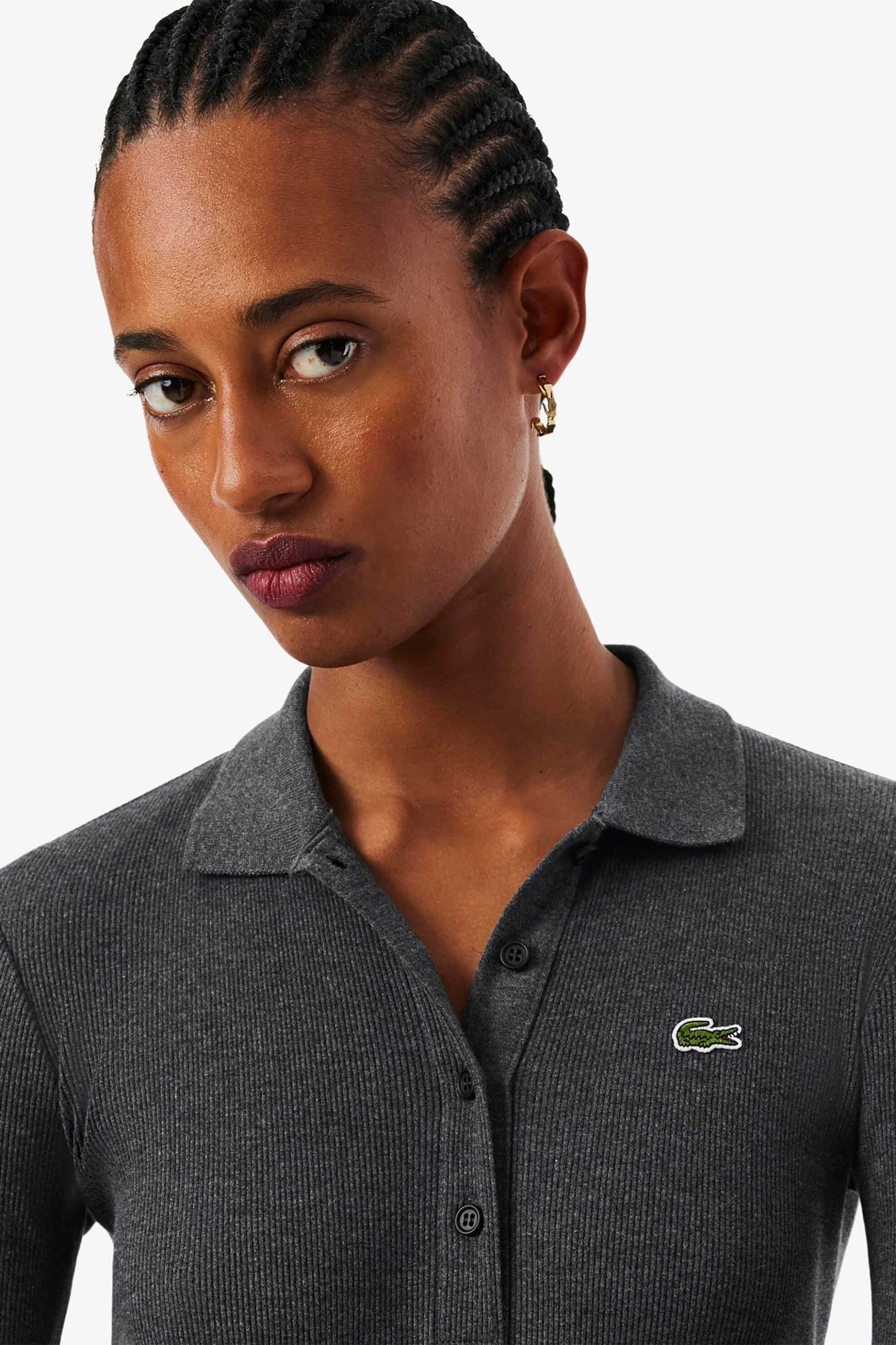 Lacoste γυναικείο midi φόρεμα πόλο ribbed με κεντημένο λογότυπο Slim Fit - EF5297 Ανθρακί