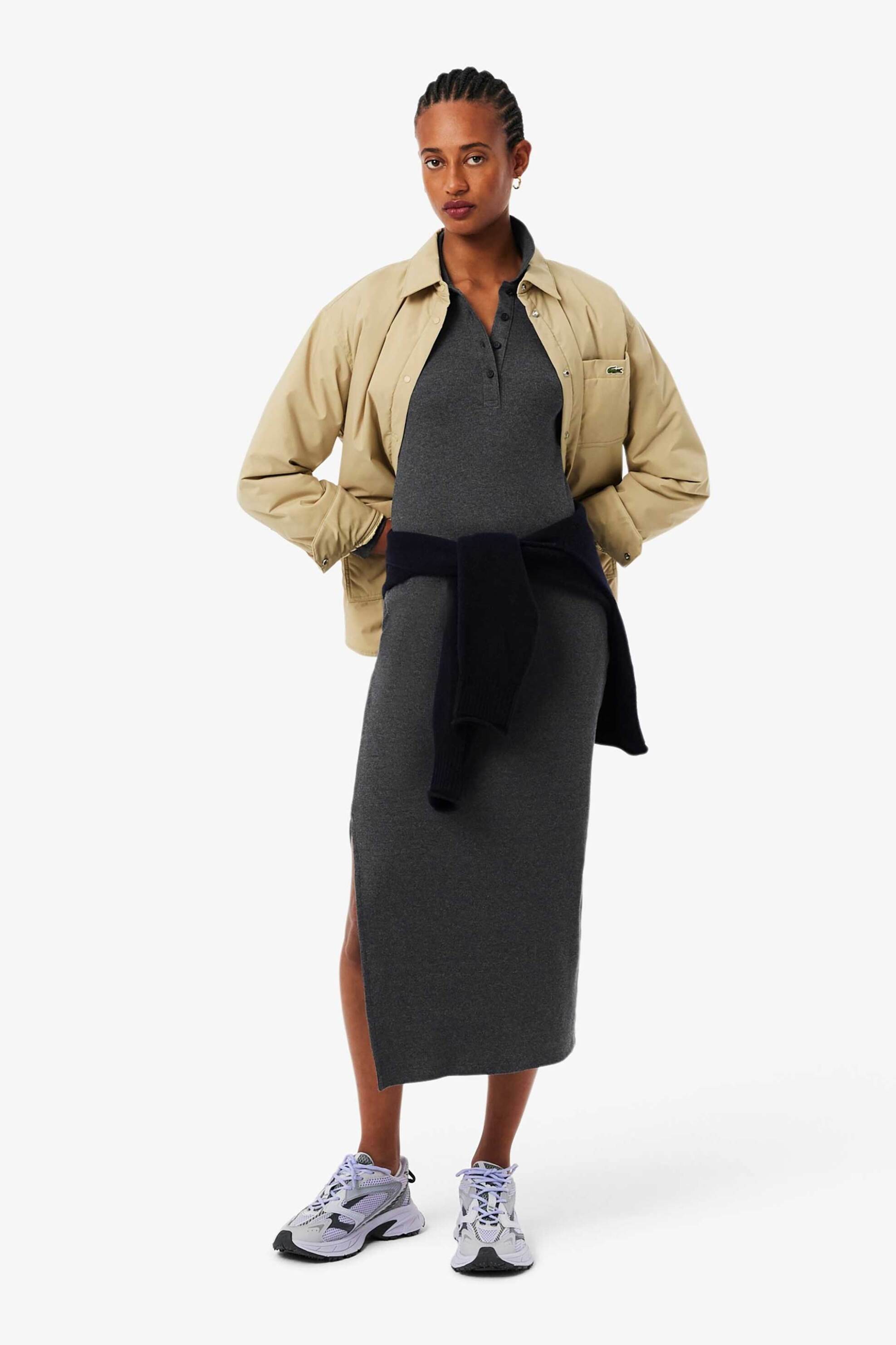 LACOSTE Lacoste γυναικείο midi φόρεμα πόλο ribbed με κεντημένο λογότυπο Slim Fit - EF5297 Ανθρακί - 3
