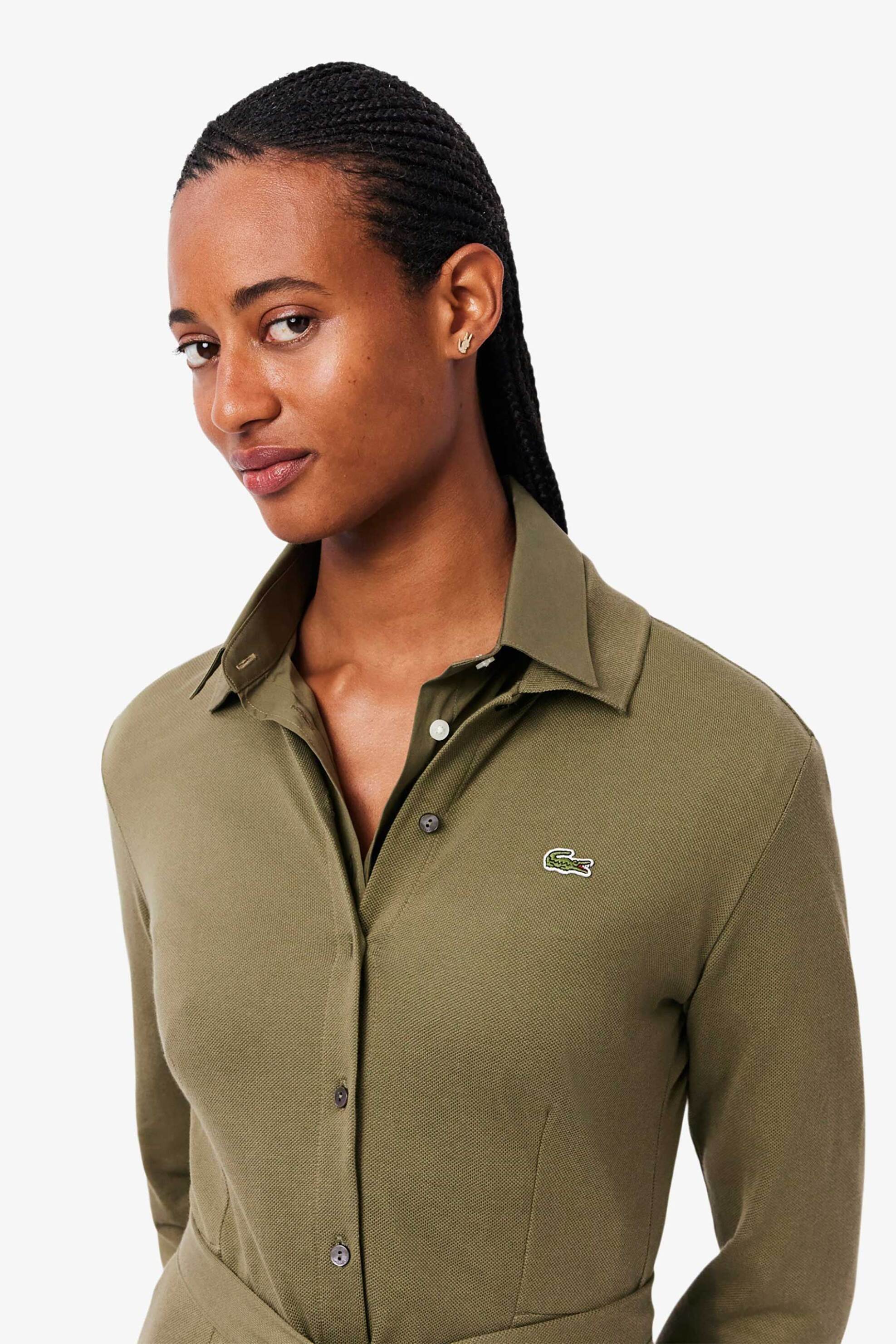 Lacoste γυναικείο midi φόρεμα πόλο σεμιζιέ πικέ με κεντημένο λογότυπο Flared Fit - EF5299 Λαδί