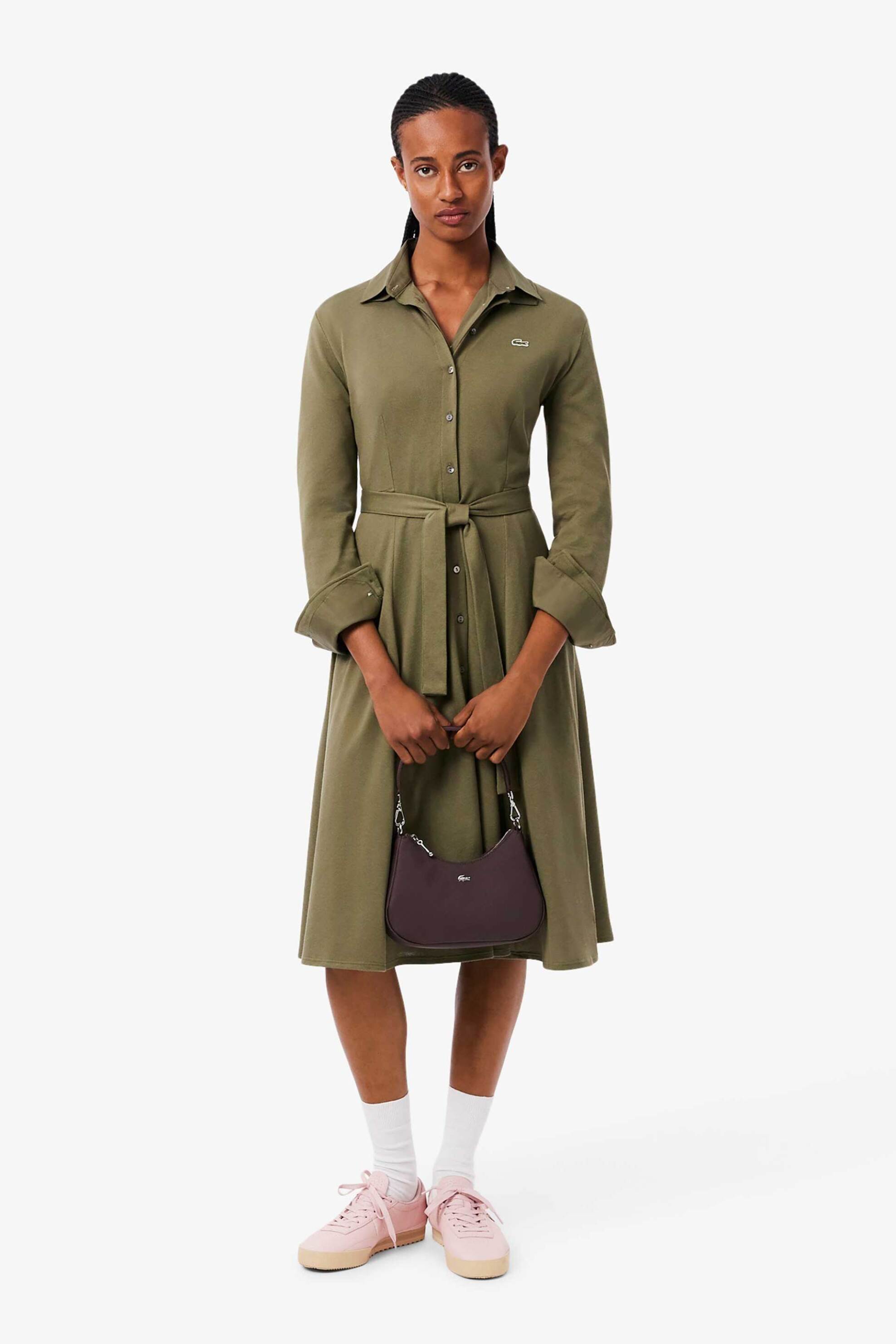 LACOSTE Lacoste γυναικείο midi φόρεμα πόλο σεμιζιέ πικέ με κεντημένο λογότυπο Flared Fit - EF5299 Λαδί - 3