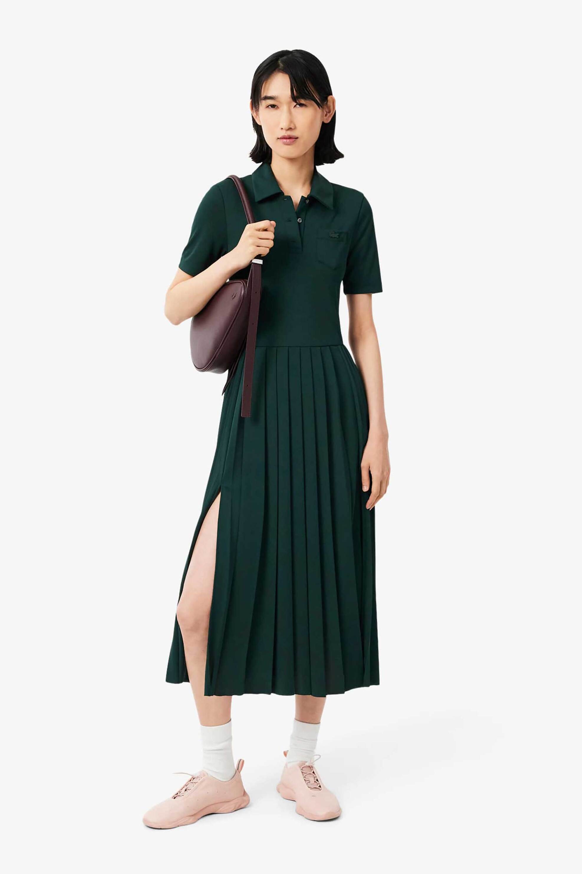 LACOSTE Lacoste γυναικείο midi φόρεμα πόλο με πλισέ φούστα και κεντημένο λογότυπο Flared & Fitted - EF8660 Κυπαρισσί