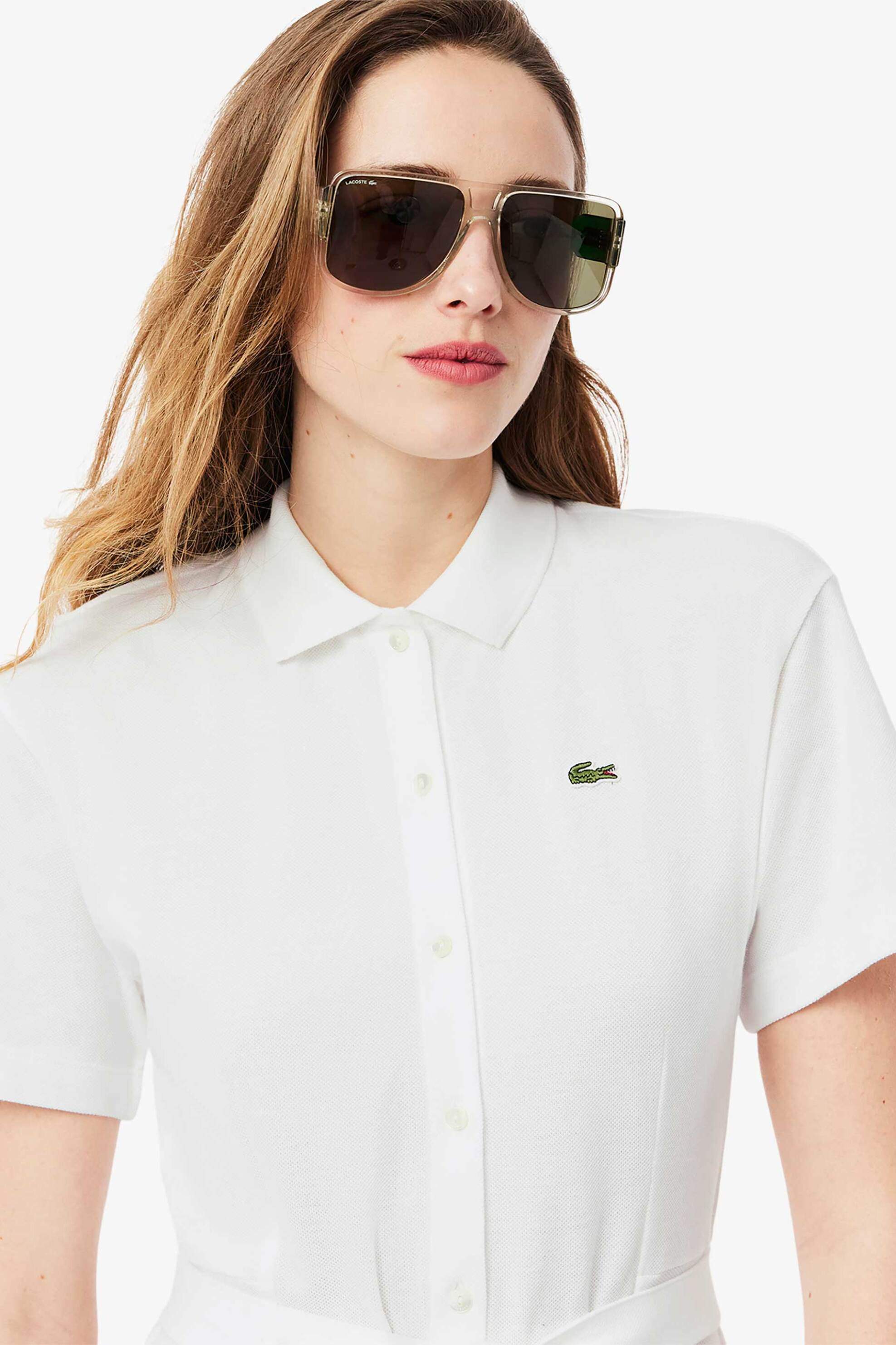 LACOSTE Lacoste γυναικείο midi φόρεμα πόλο σεμιζιέ πικέ με κεντημένο λογότυπο Flared Cut - EF9621-00 Λευκό - 2