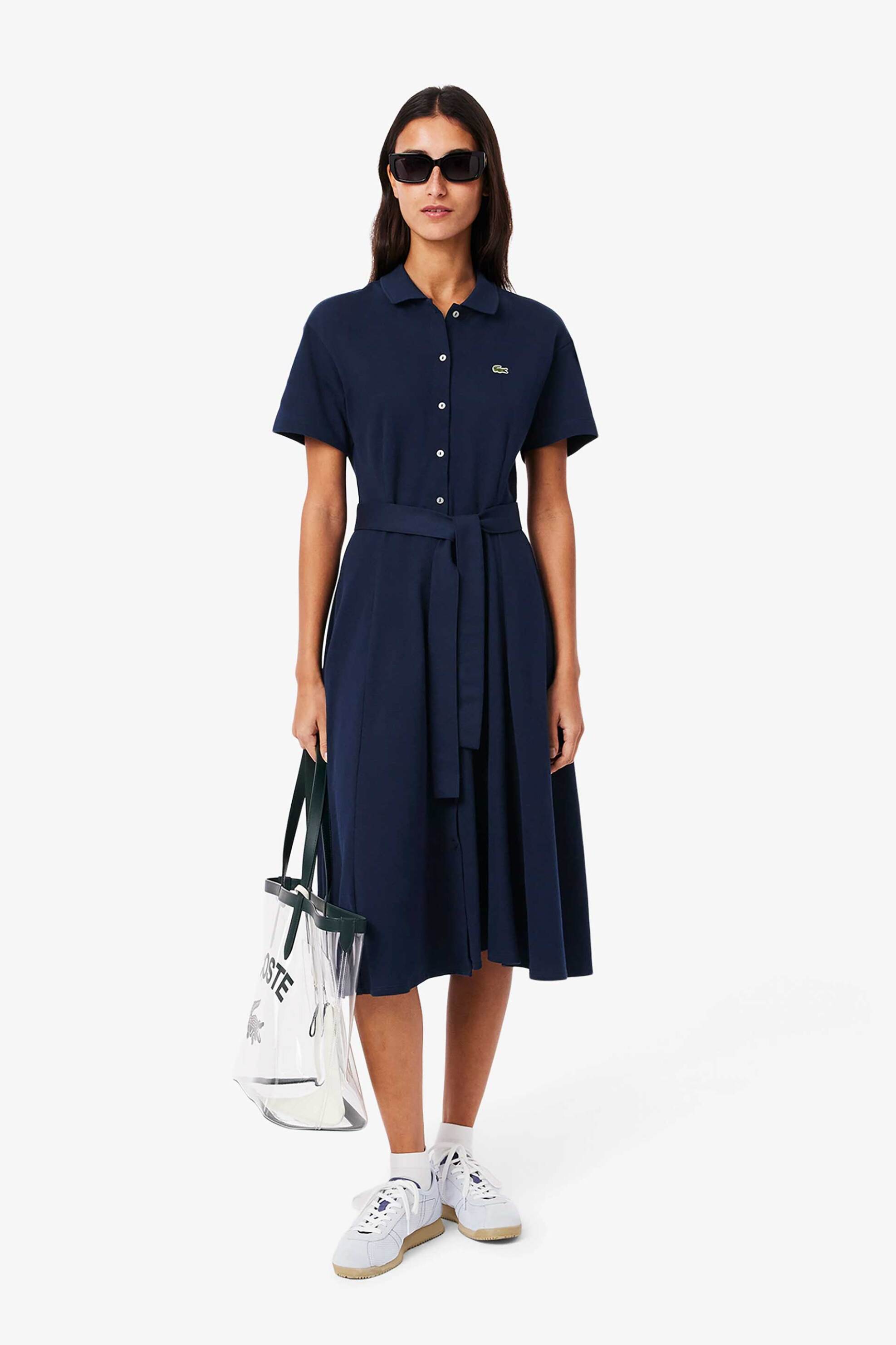 Lacoste Lacoste γυναικείο midi φόρεμα πόλο σεμιζιέ πικέ με κεντημένο λογότυπο Flared Cut - EF9621-00 Μπλε Σκούρο