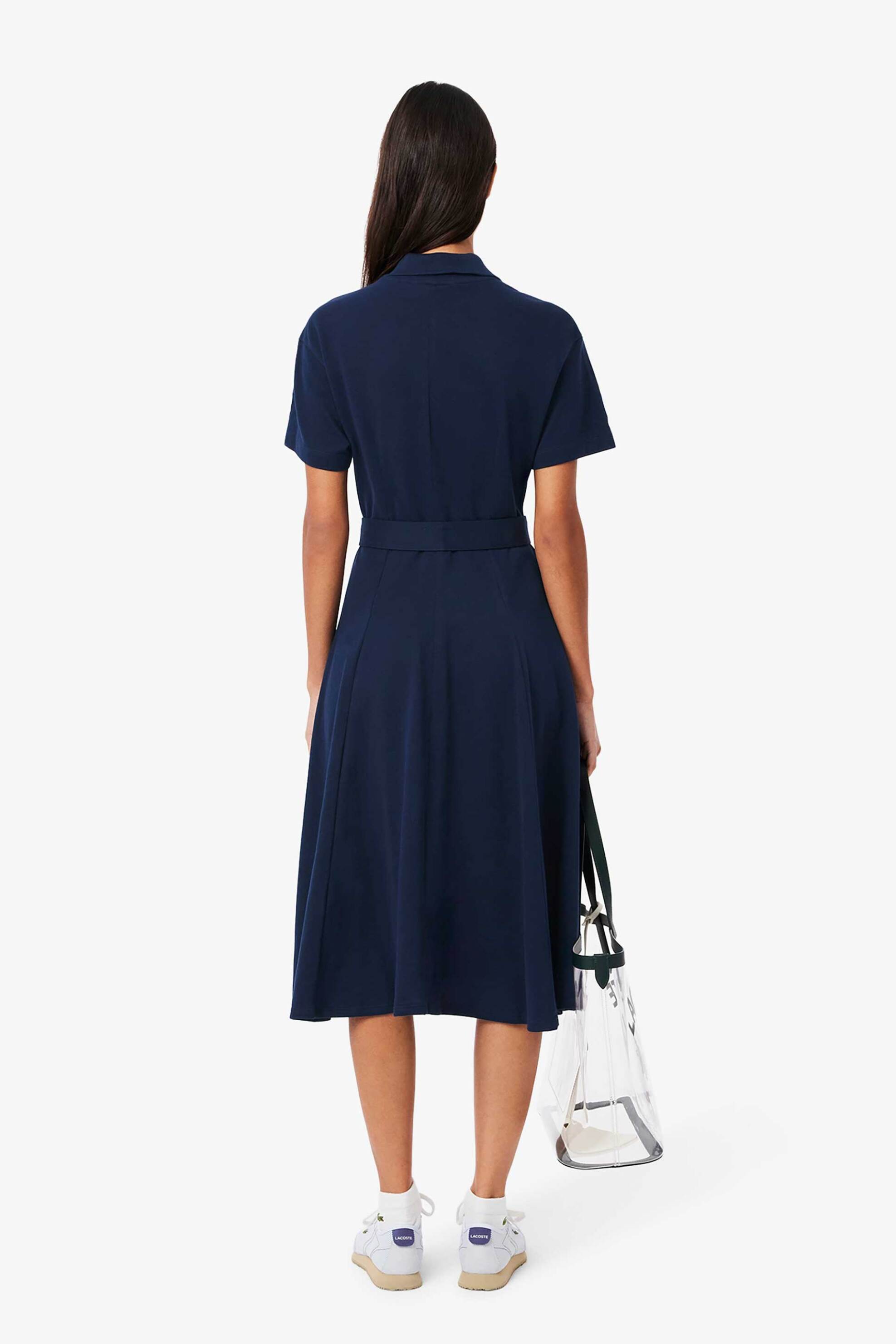 Lacoste Γυναικείο Midi Φόρεμα Πόλο Σεμιζιέ Πικέ με Κεντημένο Λογότυπο Flared Cut - Ef9621-00 Μπλε Σκούρο