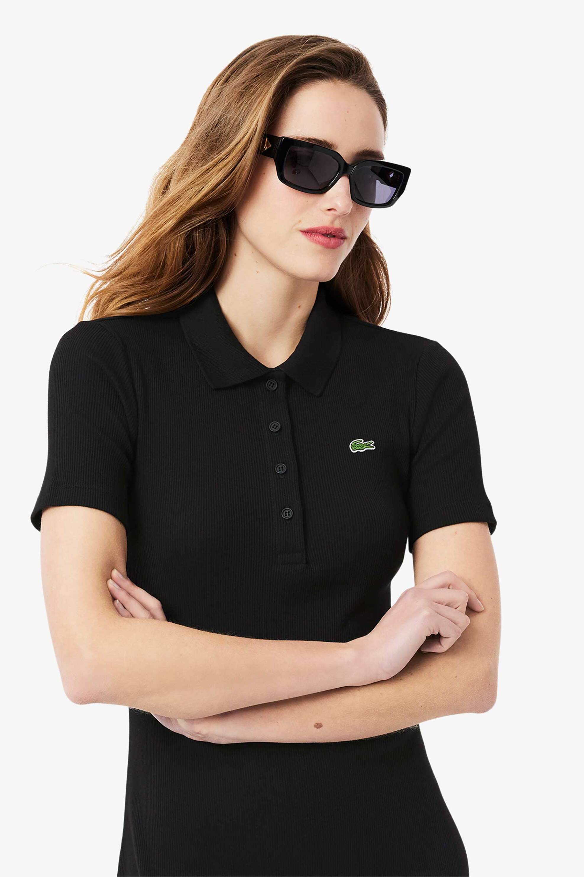 Lacoste γυναικείο midi φόρεμα πόλο ribbed με κεντημένο λογότυπο Slim Fit - EF9622-00 Μαύρο