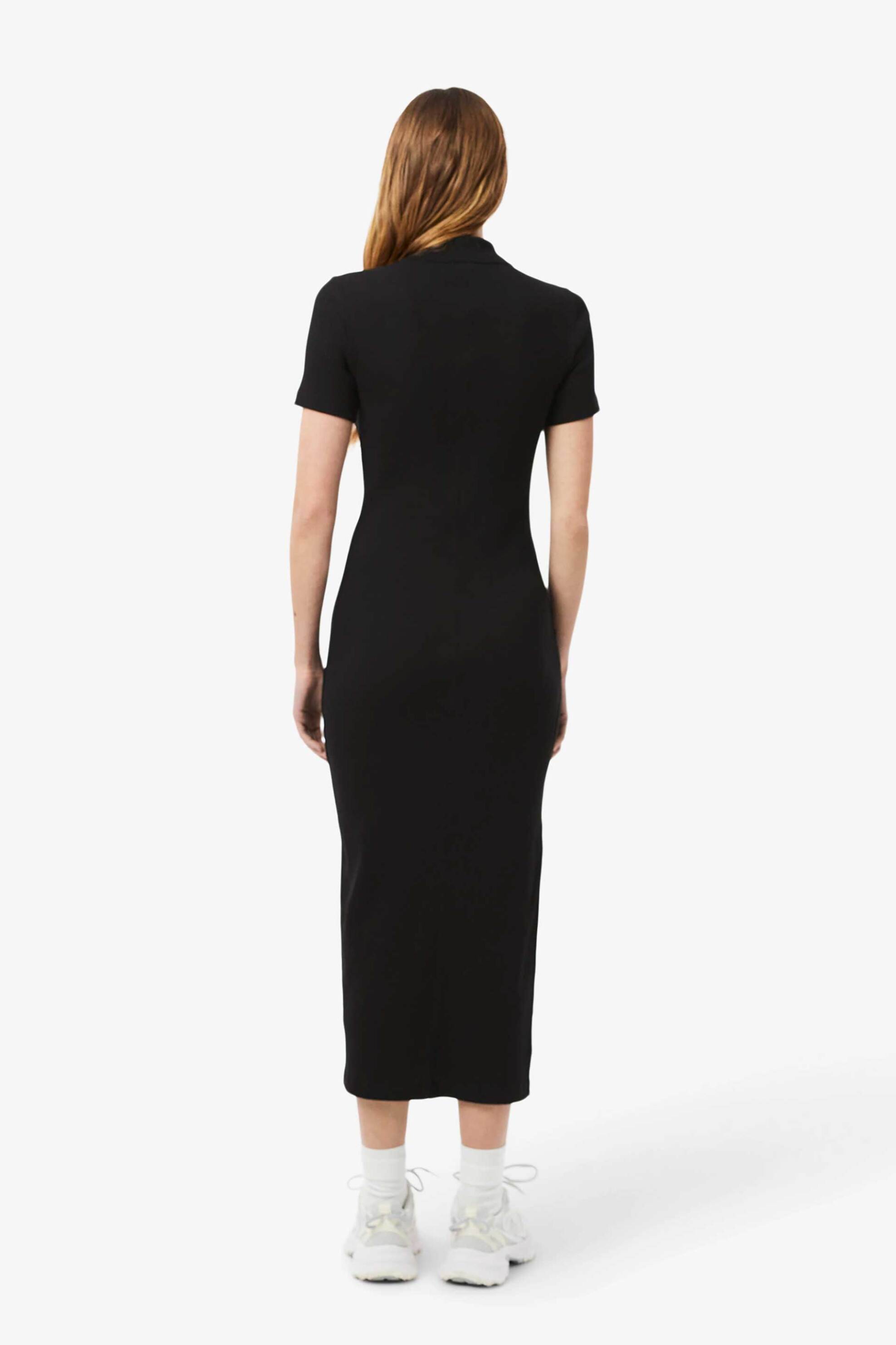 Lacoste Γυναικείο Midi Φόρεμα Πόλο Ribbed με Κεντημένο Λογότυπο Slim Fit - Ef9622-00 Μαύρο