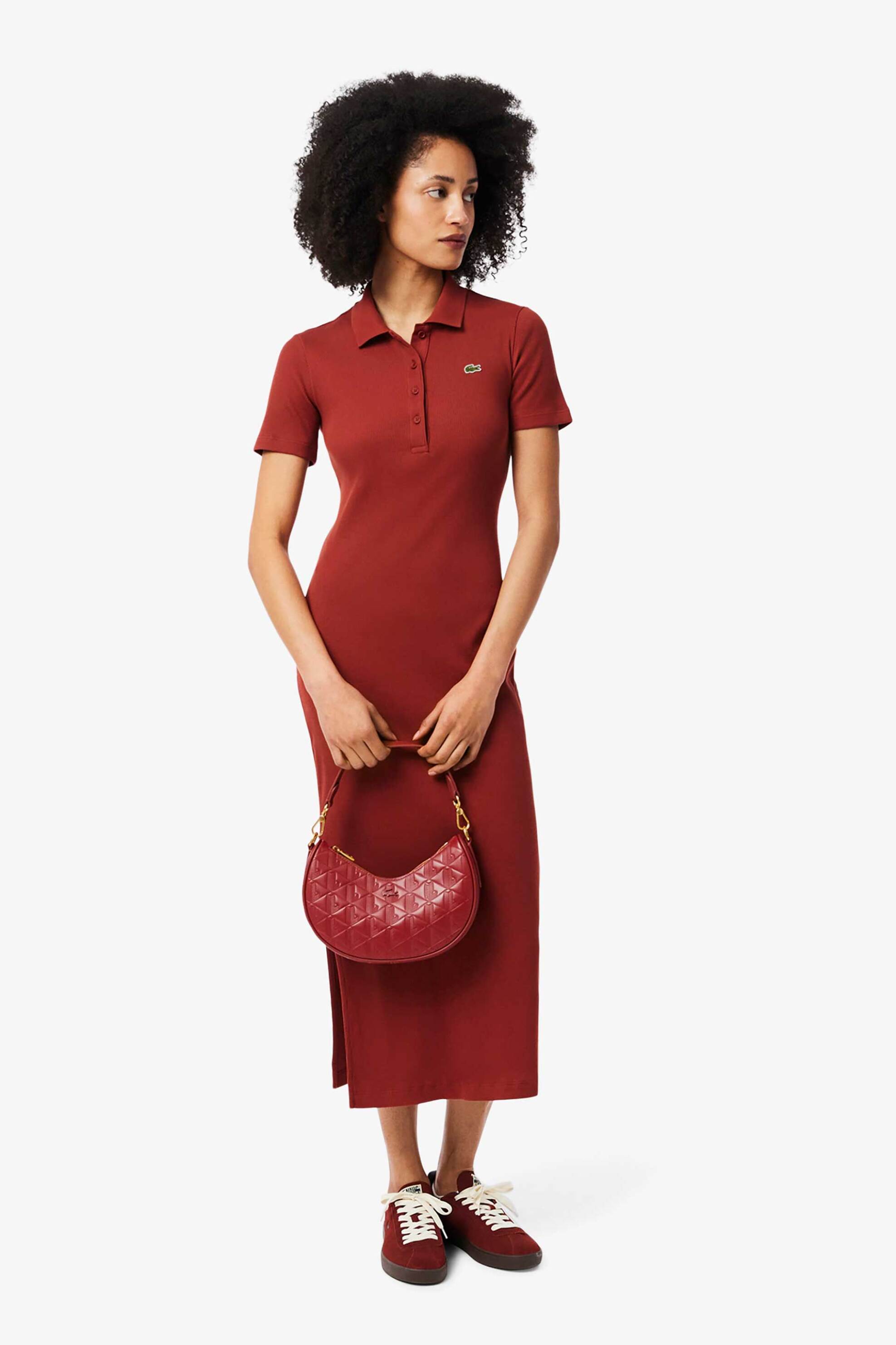 Lacoste γυναικείο midi φόρεμα πόλο ribbed με κεντημένο λογότυπο Slim Fit - EF9622-00 Κεραμιδί