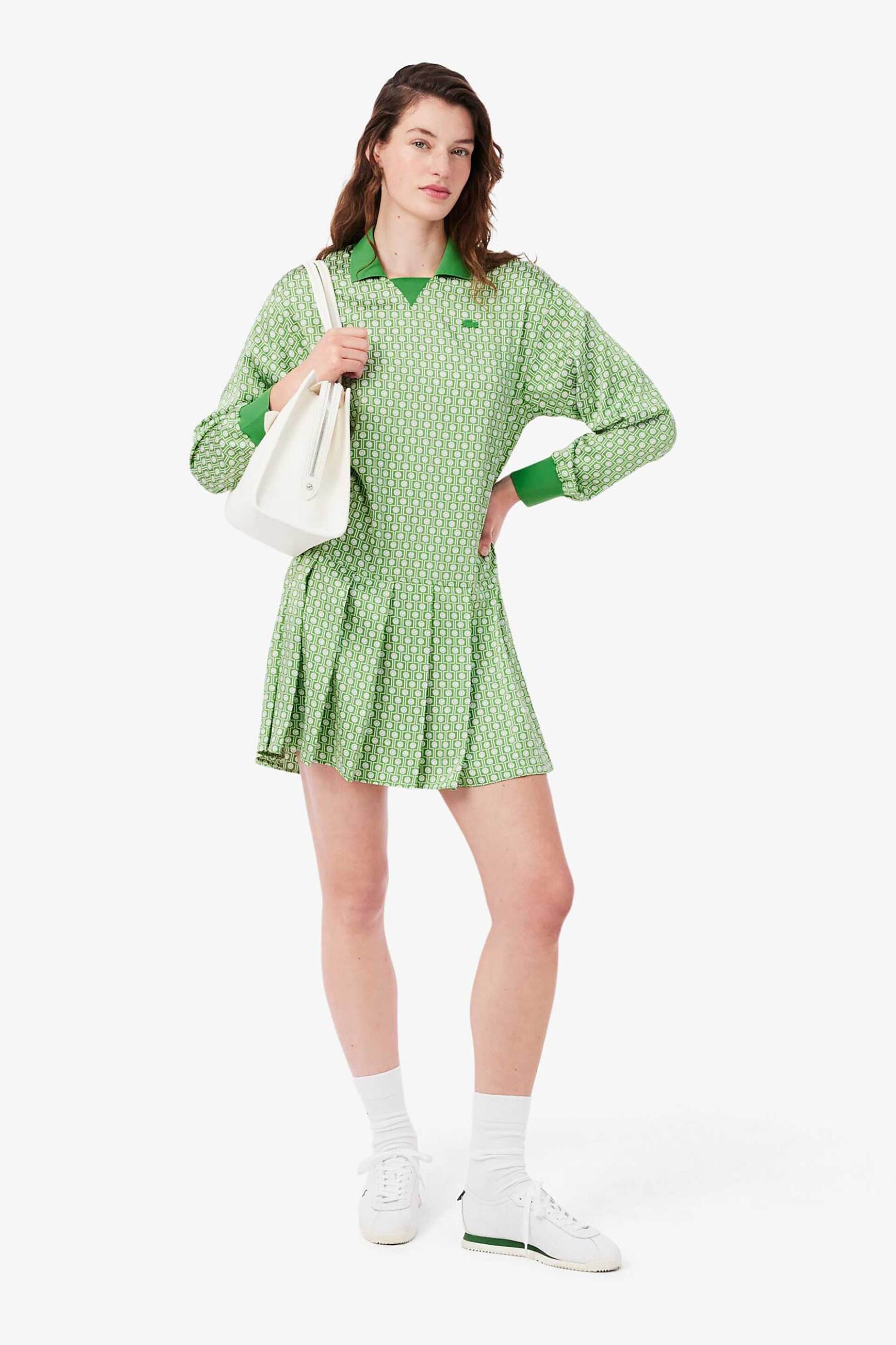 Lacoste γυναικείο mini φόρεμα πόλο σατέν με all-over tennis ball print και λογότυπο Regular Fit - EF9789 Πράσινο Ανοιχτό