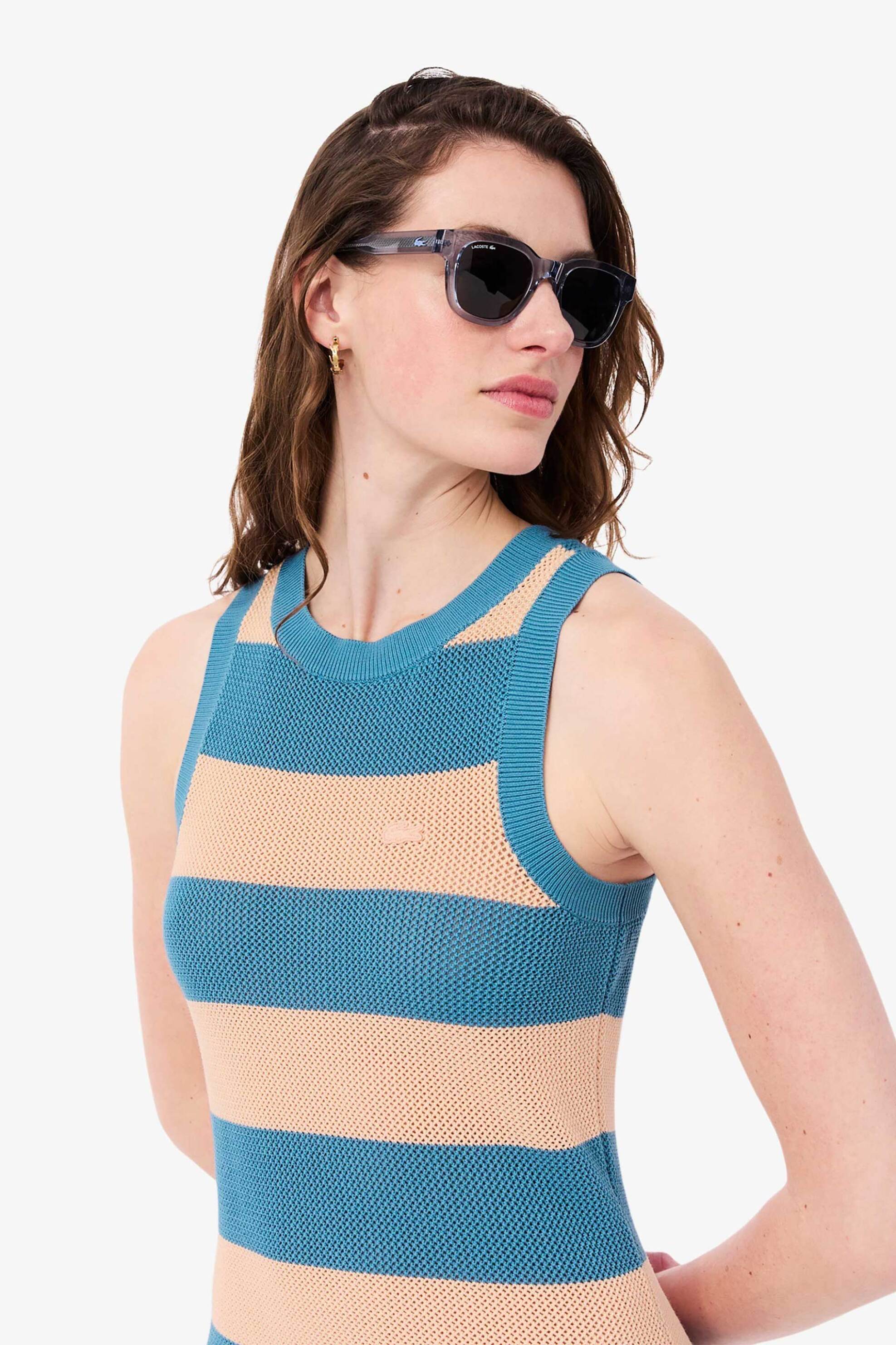 Lacoste γυναικείο πλεκτό midi φόρεμα αμάνικο με διάτρητο ριγέ σχέδιο και λογότυπο Slim Fit - EF9880 Μπλε