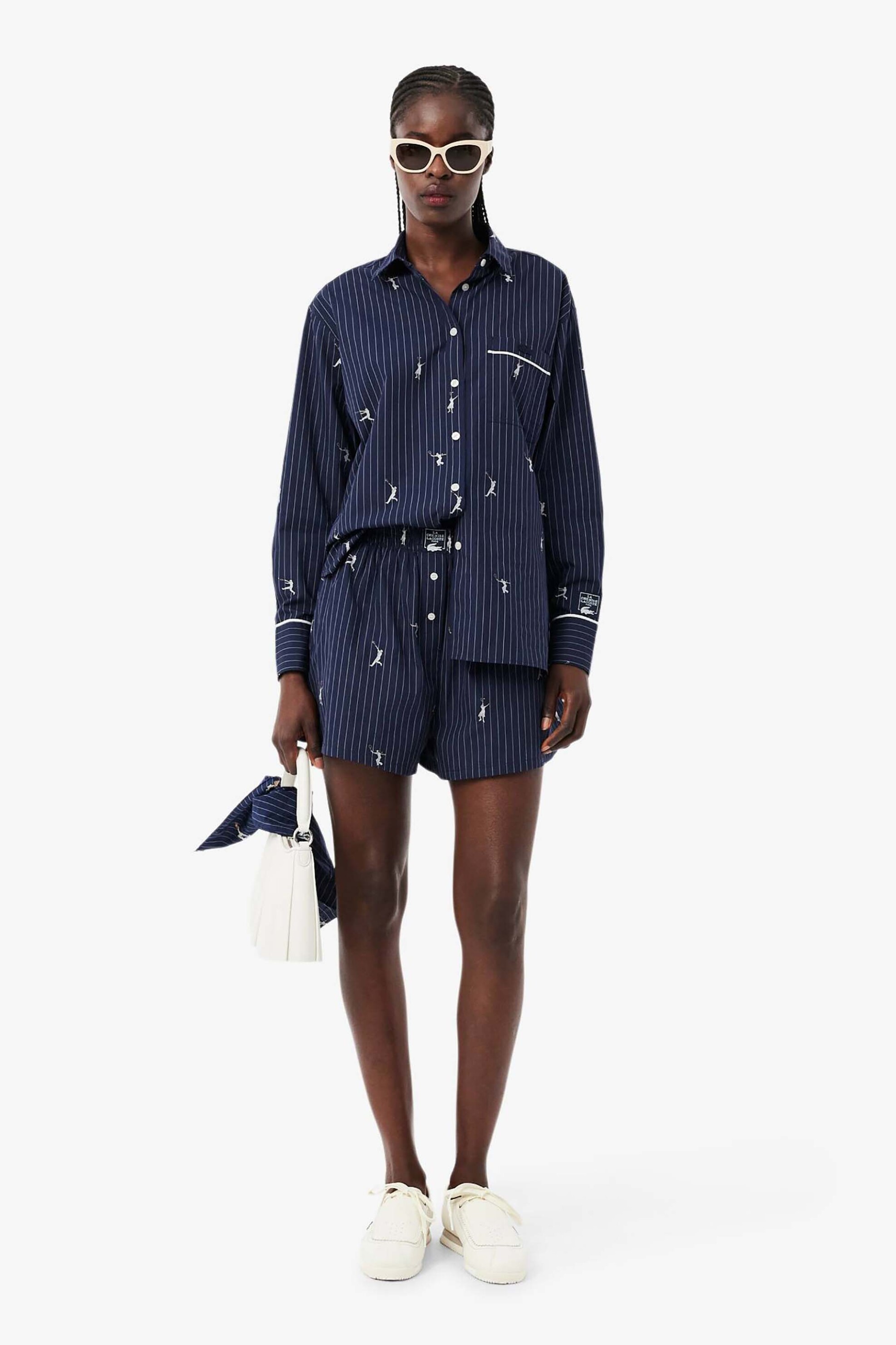 LACOSTE Lacoste γυναικεία βερμούδα με ελαστική μέση και ριγέ σχέδιο με tennis player motif Oversized Fit - FF1034 Μπλε Σκούρο - 3