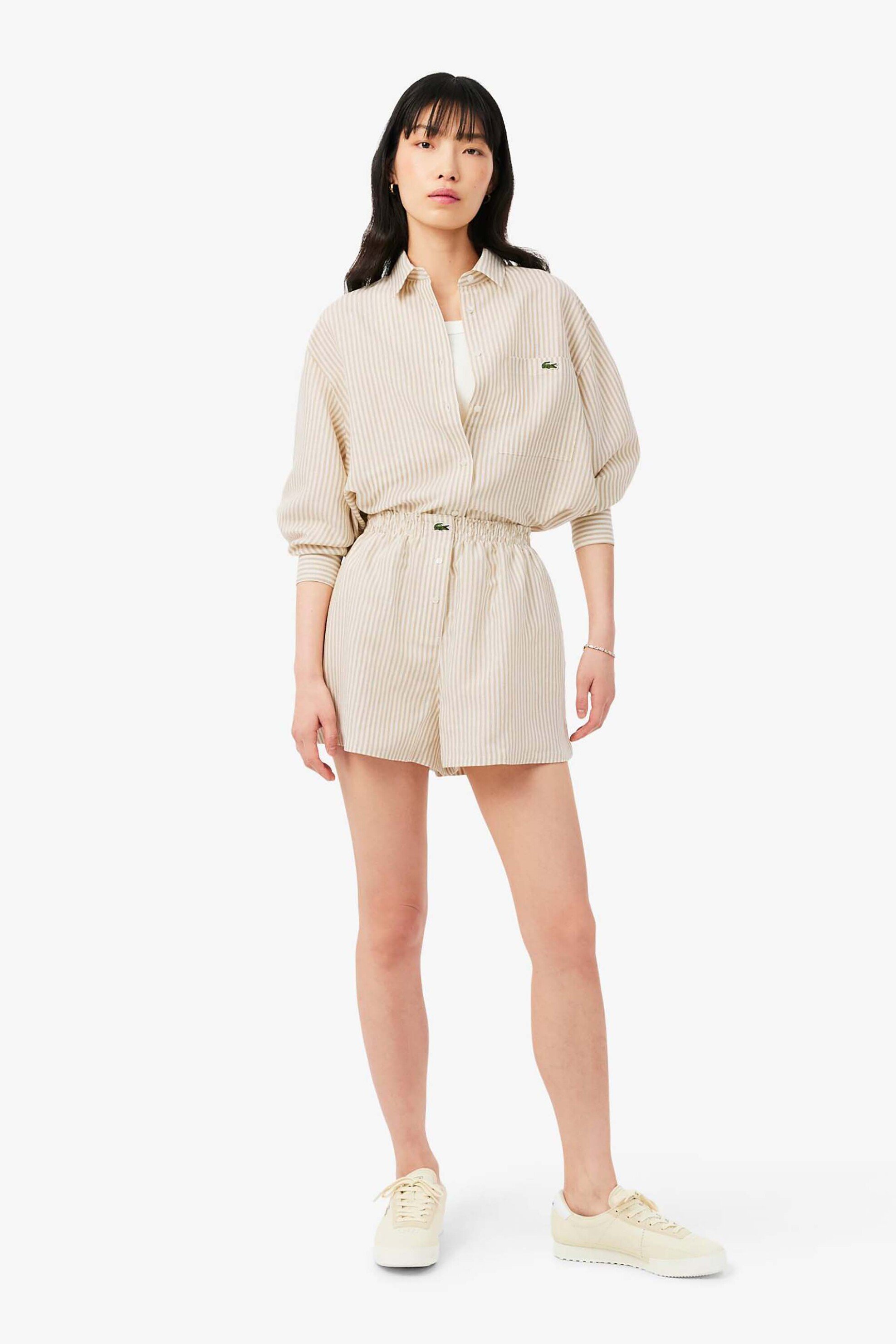 Lacoste γυναικεία βερμούδα με ελαστική μέση και ριγέ σχέδιο Oversized Fit - FF1428 Μπεζ