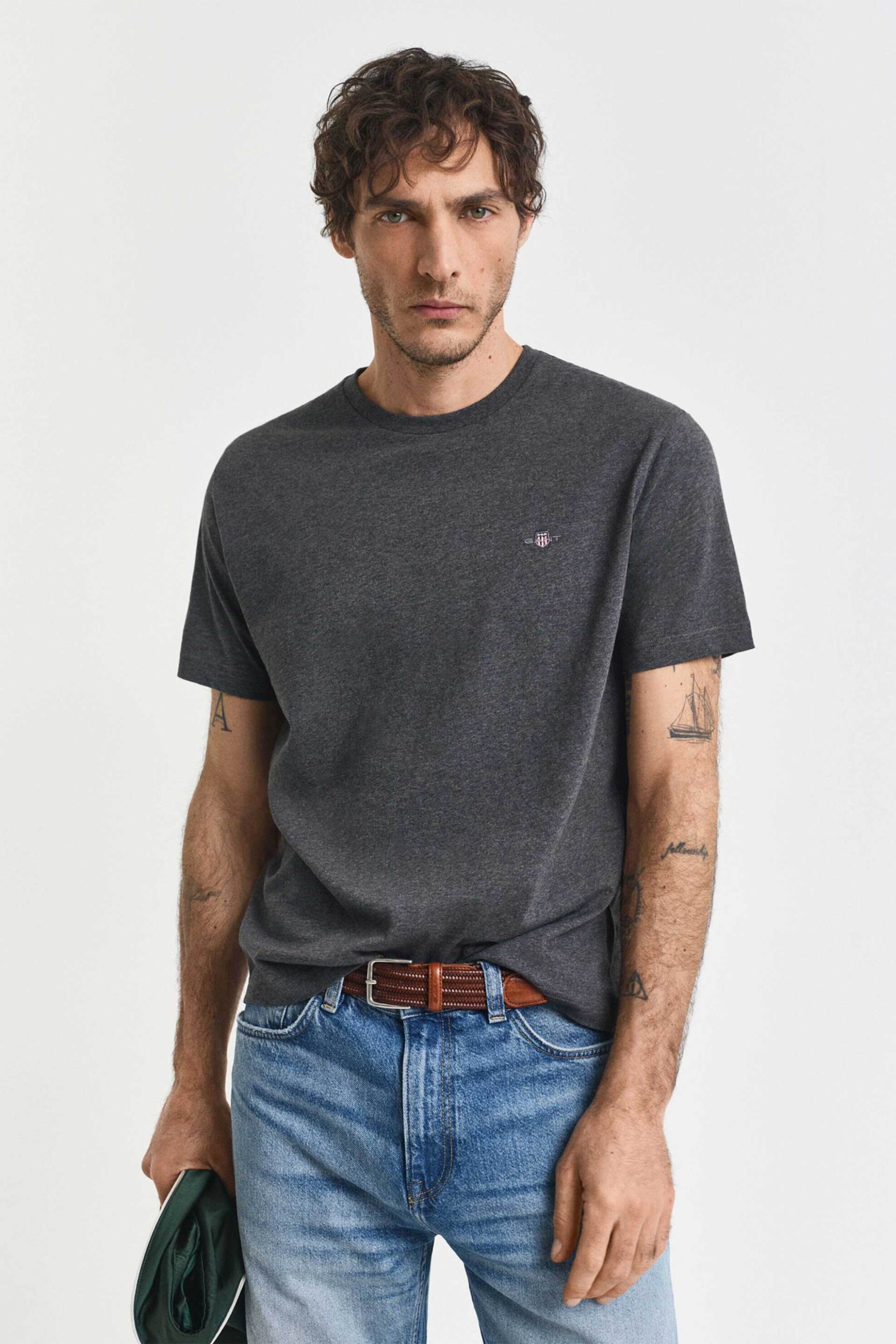 Gant ανδρικό T-shirt μονόχρωμο με κεντημένο λογότυπο Regular Fit - 2003184 Ανθρακί