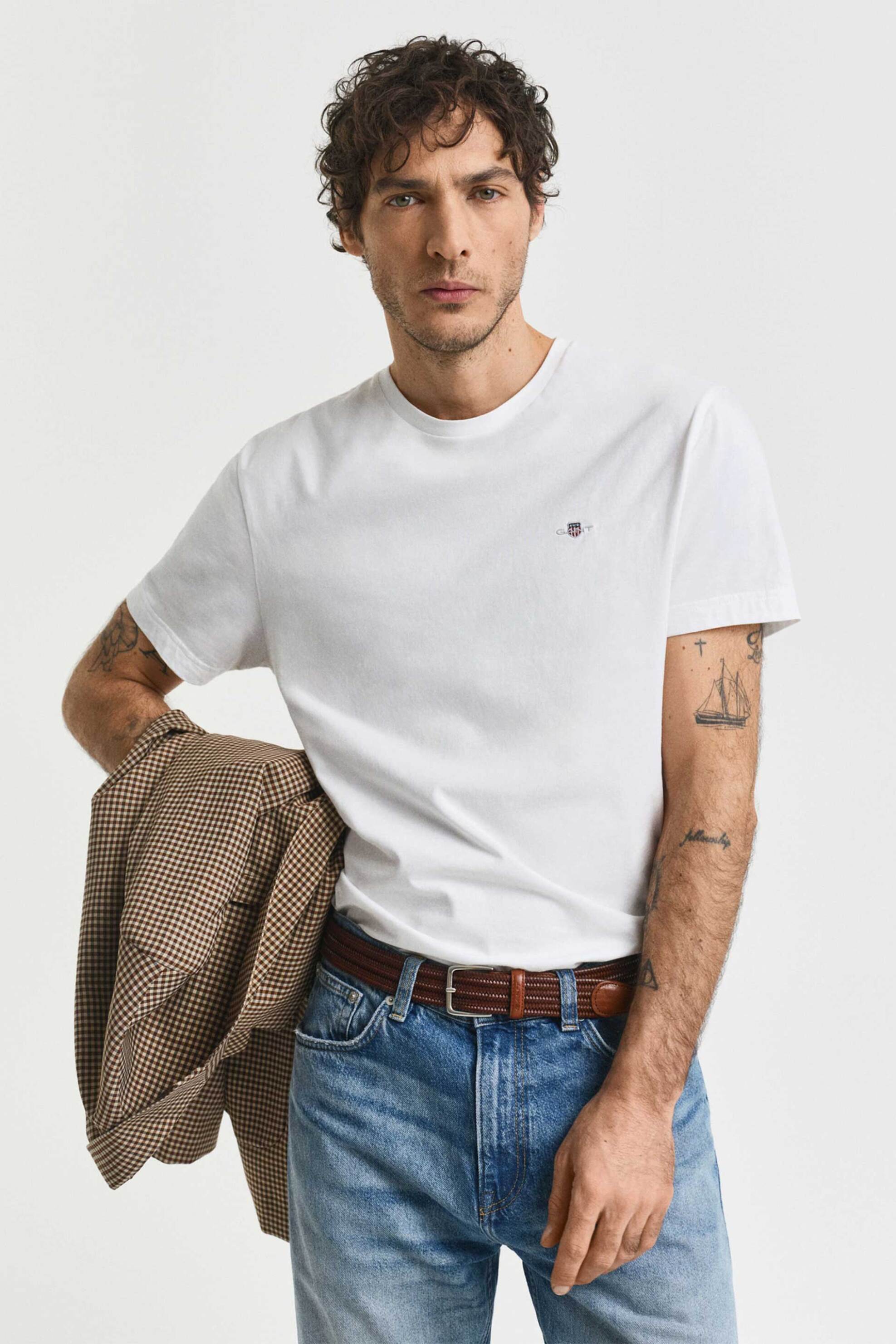 Gant ανδρικό T-shirt μονόχρωμο με κεντημένο λογότυπο Regular Fit - 2003184 Λευκό