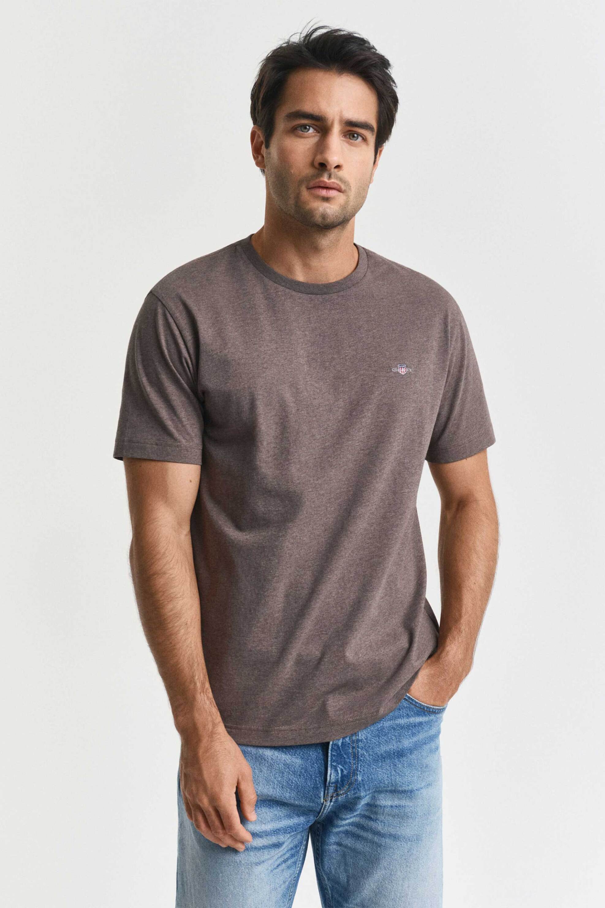 Gant ανδρικό T-shirt μονόχρωμο με κεντημένο λογότυπο Regular Fit - 2003184 Καφέ Ανοιχτό