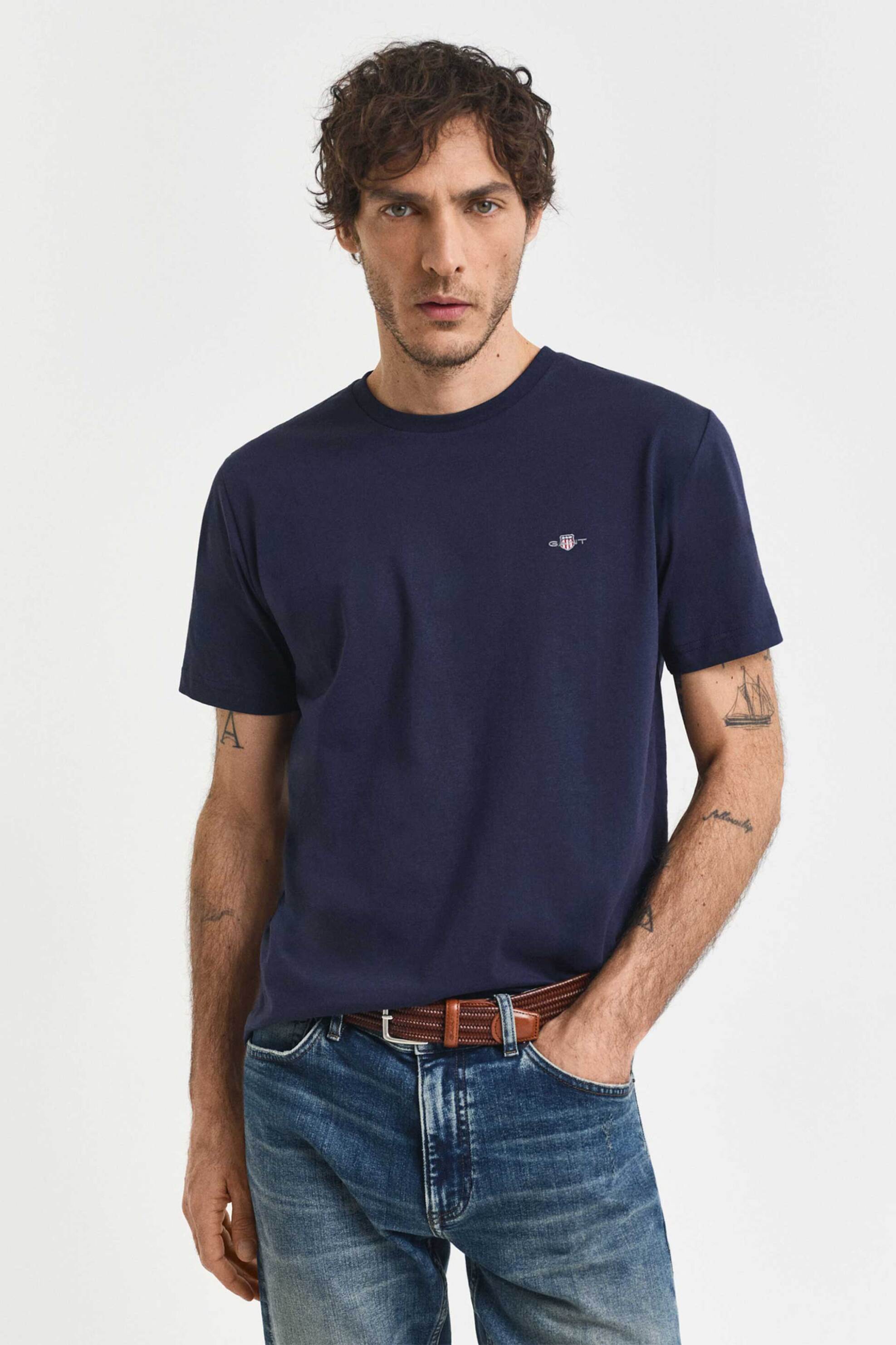 Gant ανδρικό T-shirt μονόχρωμο με κεντημένο λογότυπο Regular Fit - 2003184 Μπλε Σκούρο
