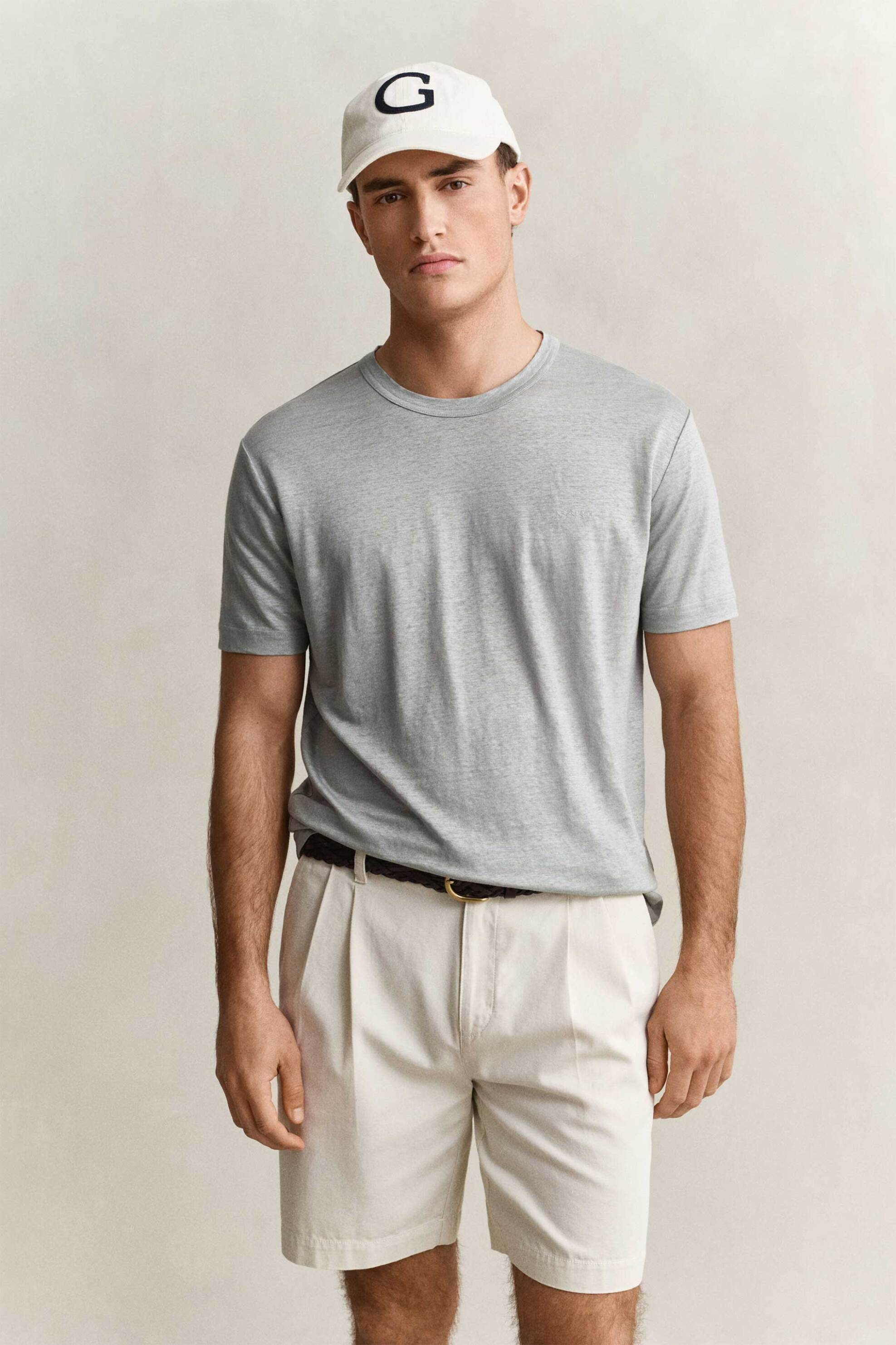 Gant ανδρικό λινό T-shirt με κεντημένο λογότυπο Regular Fit - 2003318 Γκρι Γαλάζιο
