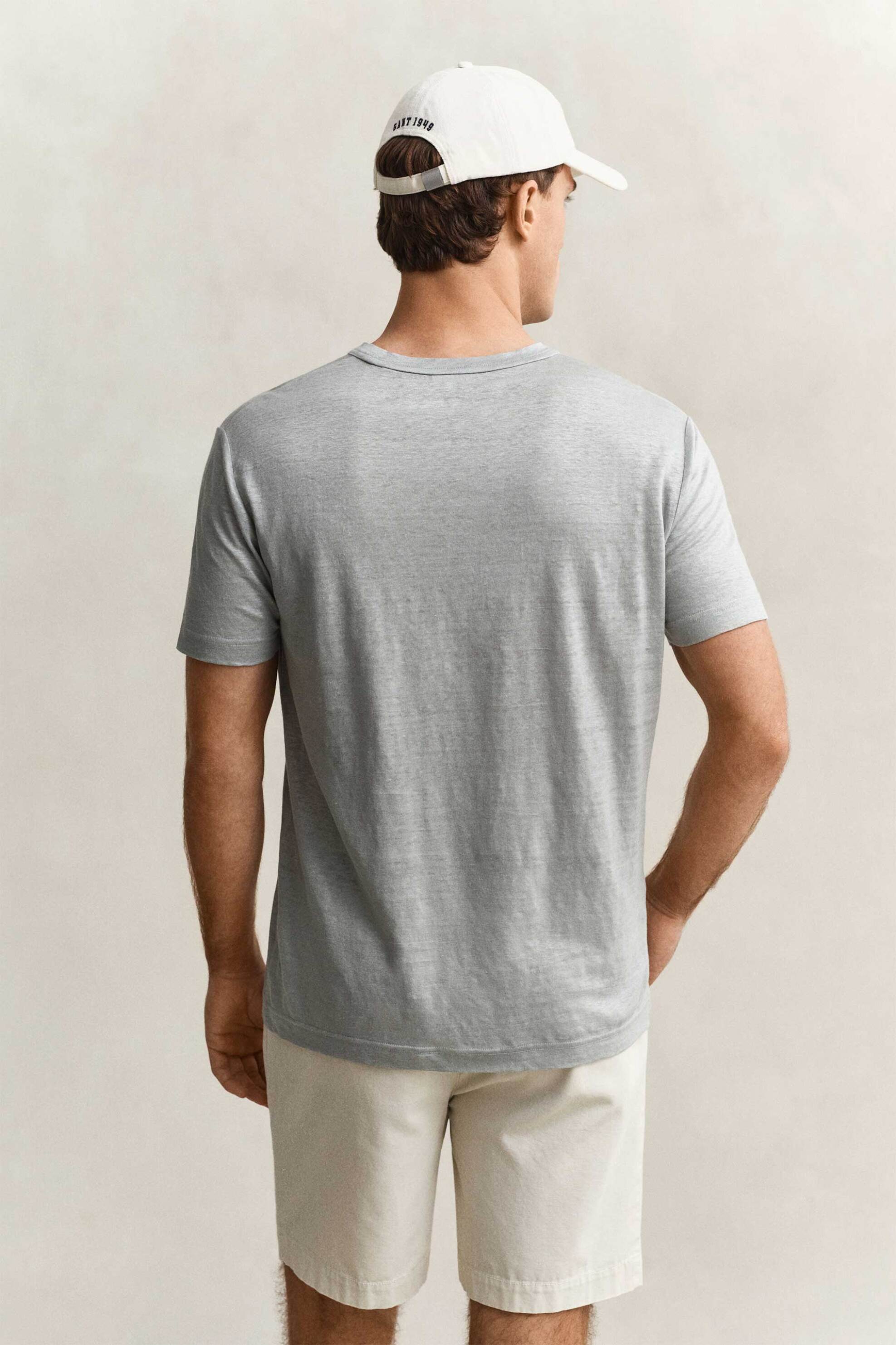 Gant Ανδρικό Λινό T-Shirt με Κεντημένο Λογότυπο Regular Fit - 2003318 Γκρι Γαλάζιο