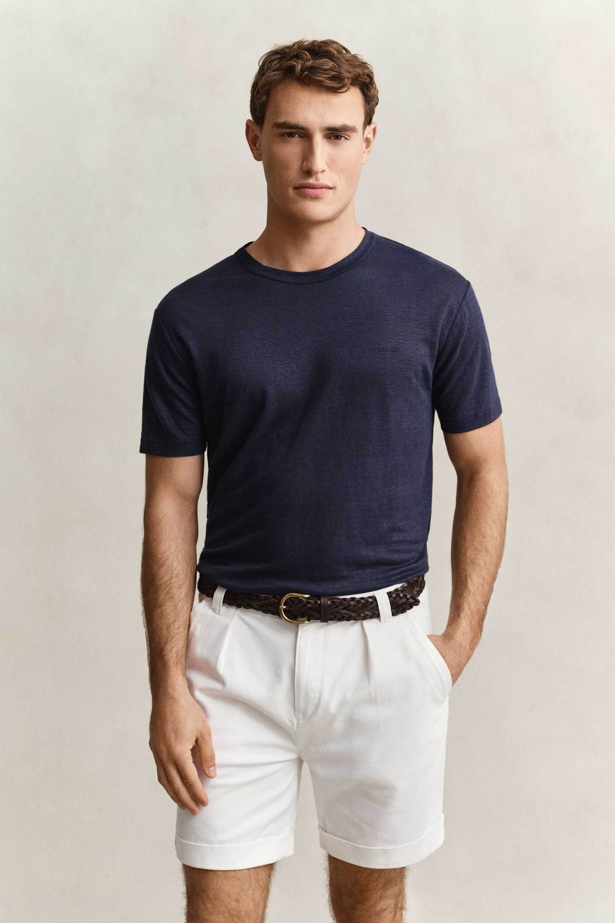 Gant ανδρικό λινό T-shirt με κεντημένο λογότυπο Regular Fit - 2003318 Μπλε Σκούρο