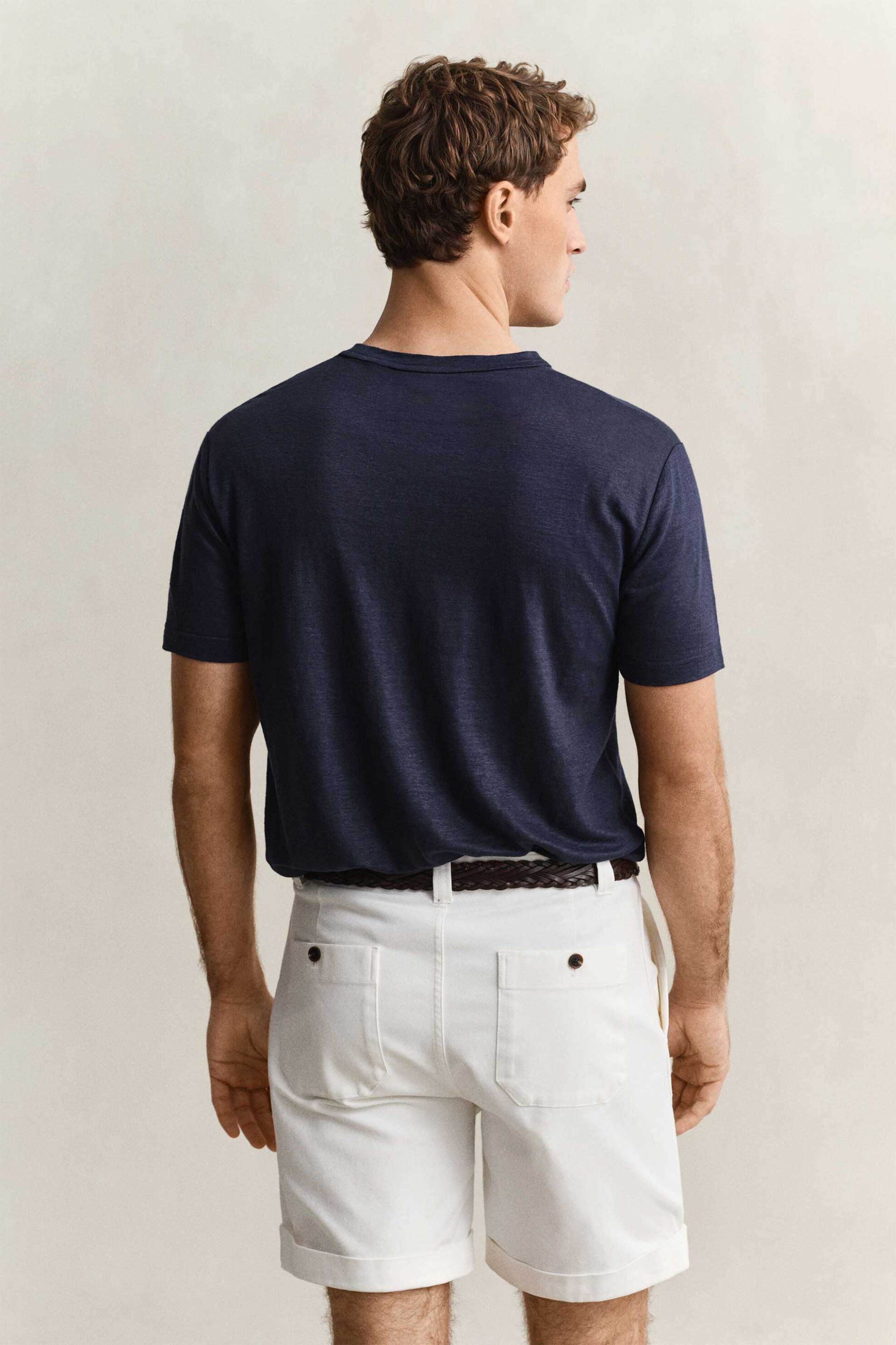 Gant Ανδρικό Λινό T-Shirt με Κεντημένο Λογότυπο Regular Fit - 2003318 Μπλε Σκούρο