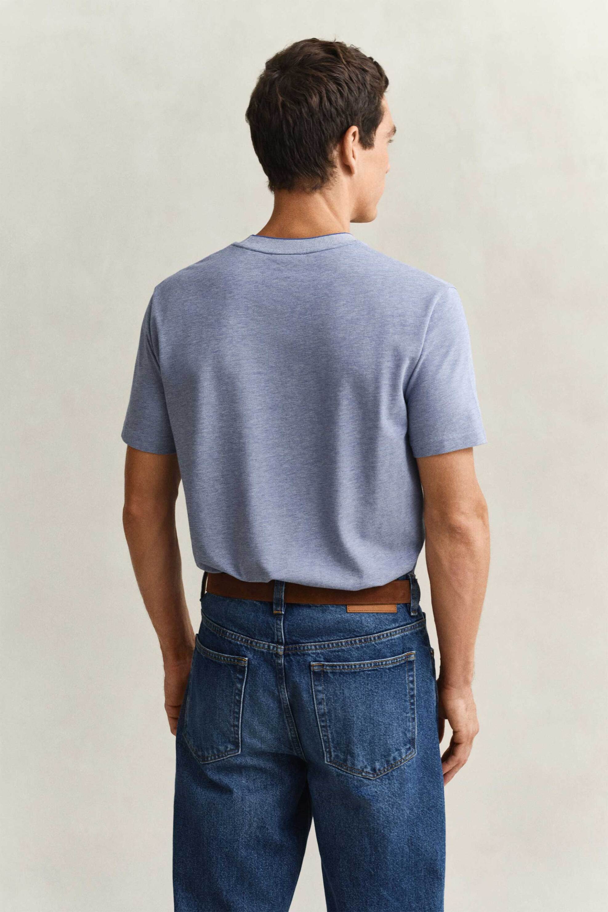 Gant Ανδρικό T-Shirt Πικέ με Κεντημένο Λογότυπο Regular Fit - 2003414 Μπλε