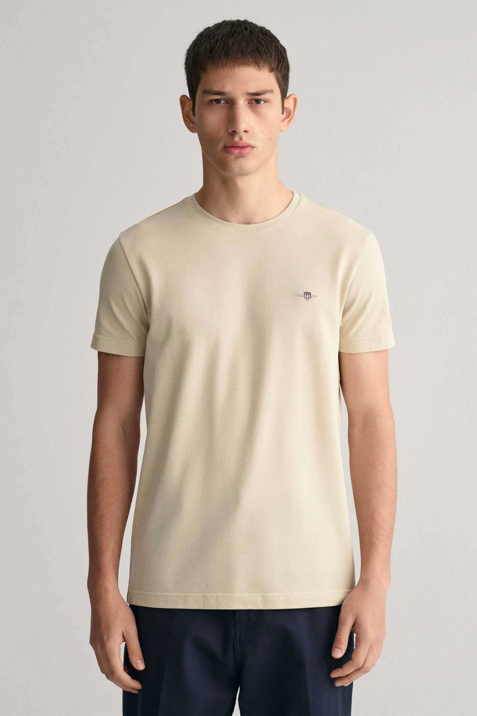 Gant ανδρικό T-shirt πικέ με κεντημένο λογότυπο Slim Fit - 2013033 Κρέμ