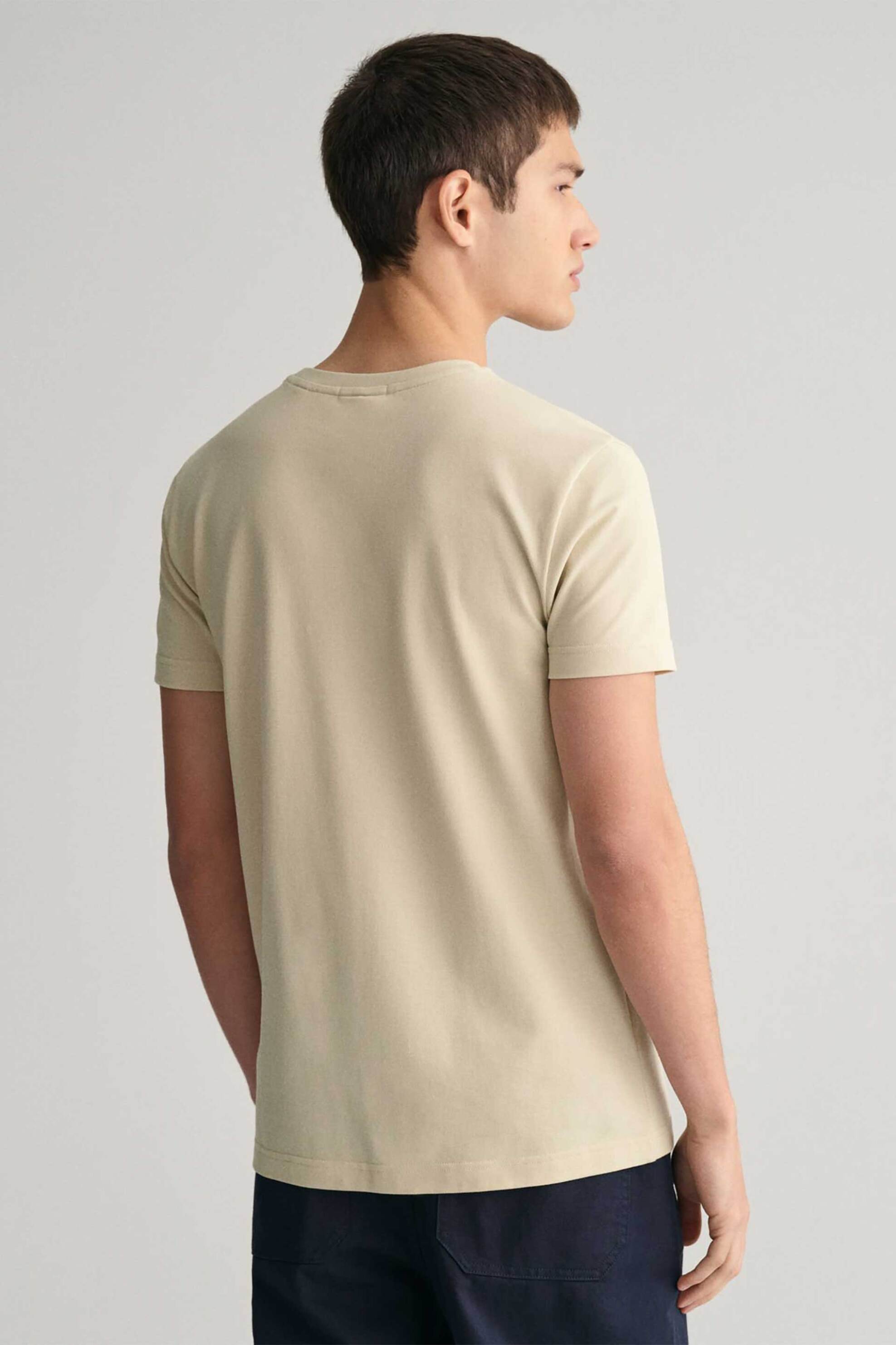 Gant Ανδρικό T-Shirt Πικέ με Κεντημένο Λογότυπο Slim Fit - 2013033 Κρέμ