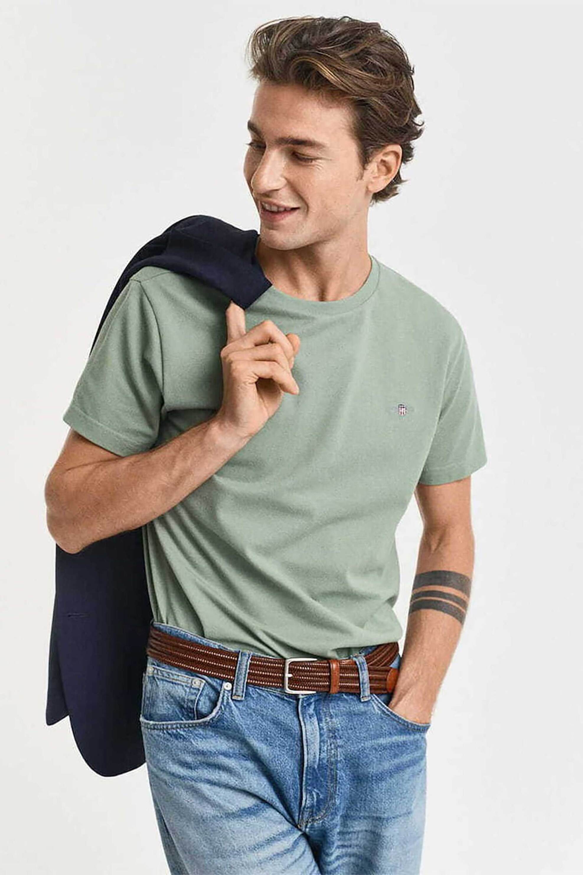 Gant ανδρικό T-shirt πικέ με κεντημένο λογότυπο Slim Fit - 2013033 Πράσινο Teal