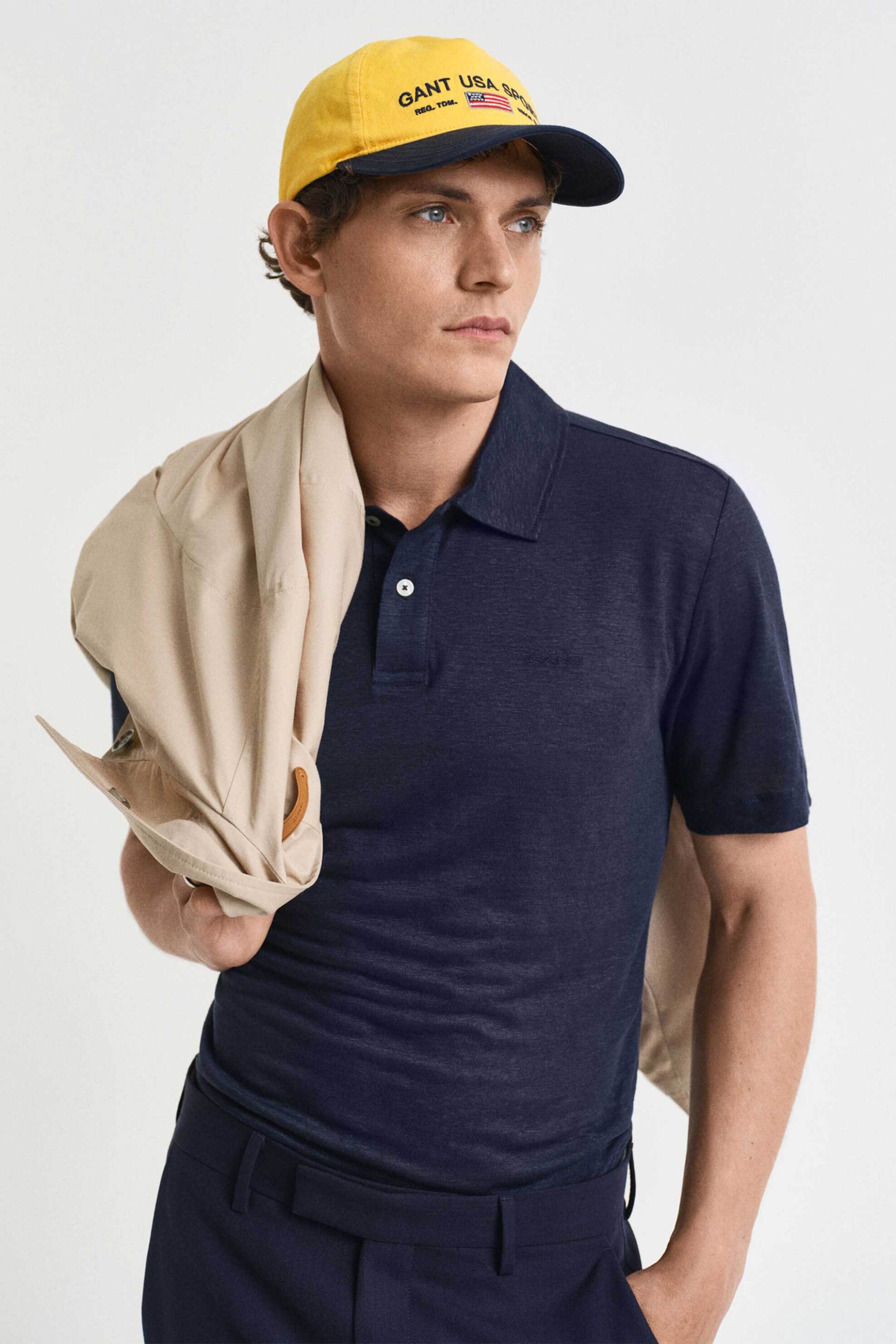 Gant ανδρική μπλούζα πόλο λινή κοντομάνικη με κεντημένο λογότυπο Regular Fit - 2014034 Μπλε Σκούρο