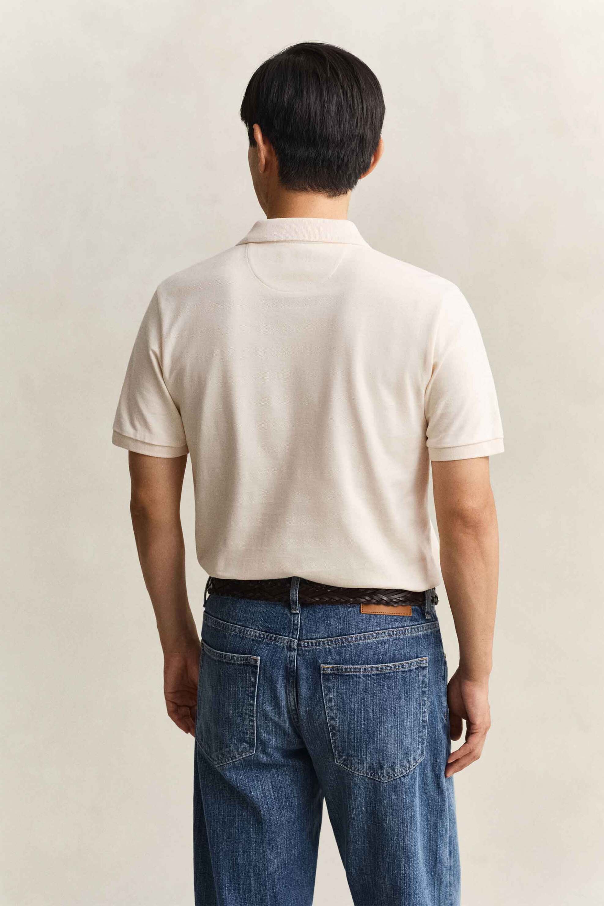 Gant Ανδρική Μπλούζα Πόλο Textured με Ton-Sur-Ton Ριγέ Σχέδιο Και Λογότυπο Regular Fit - 2014096 Εκρού