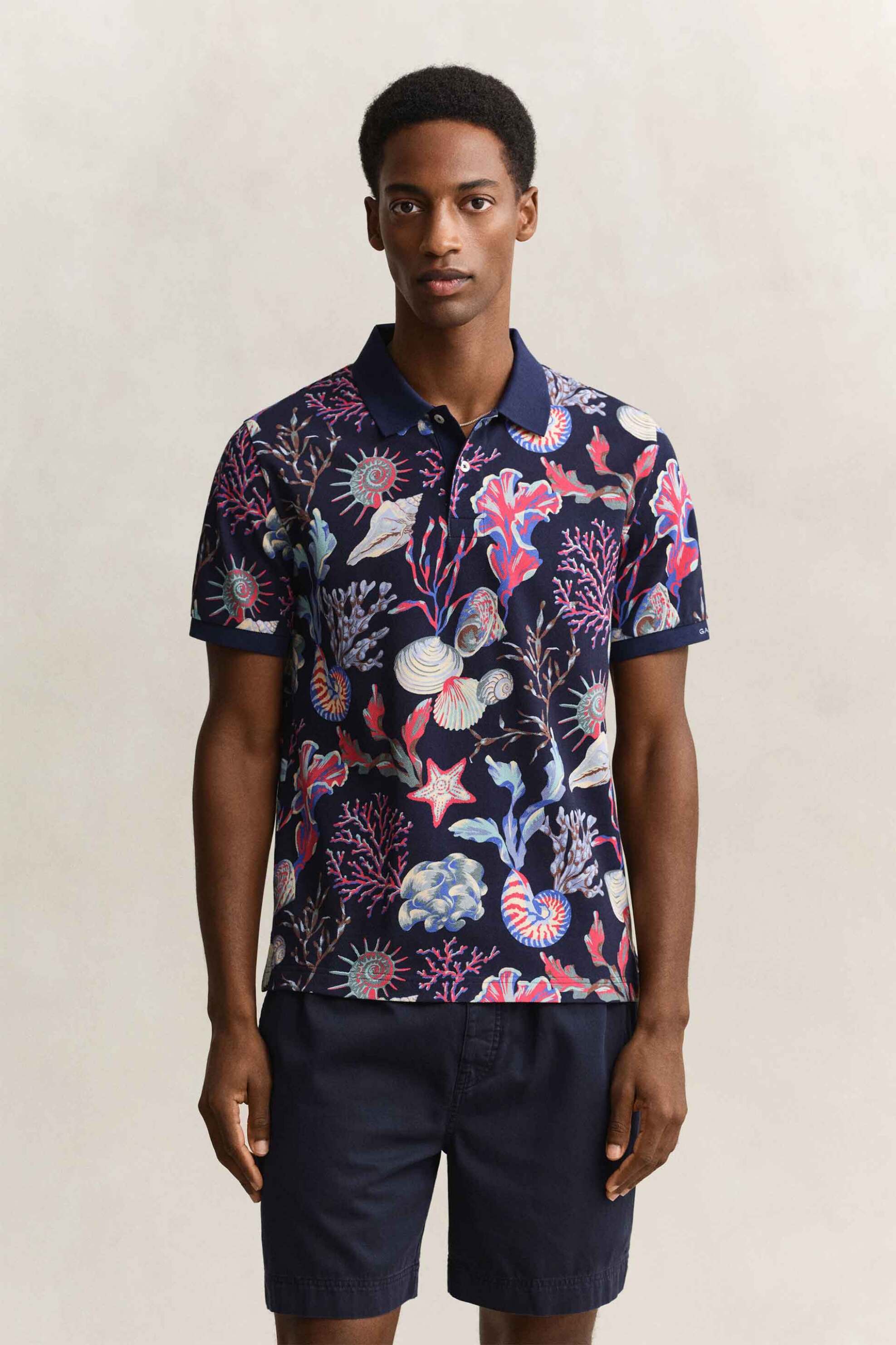 Gant ανδρική μπλούζα πόλο με all-over print Regular Fit - 2014110 Μπλε Σκούρο