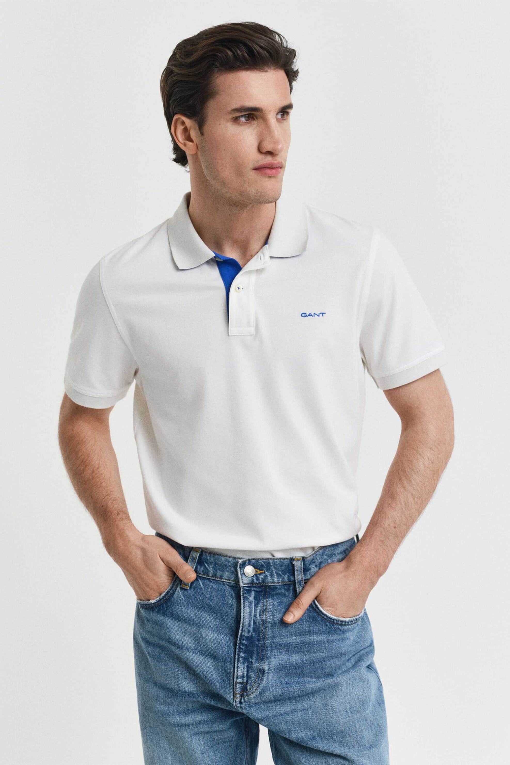 Gant ανδρική μπλούζα πόλο κοντομάνικη πικέ με contrast κεντημένο λογότυπο Regular Fit - 2062026 Λευκό