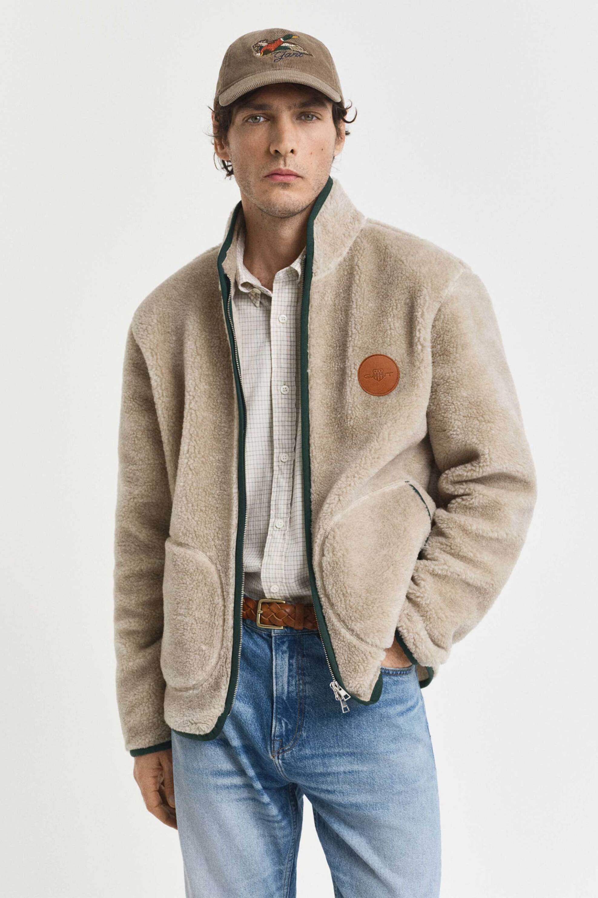 Gant ανδρικό jacket μπουκλέ με δερμάτινο logo patch Regular Fit - 2067086 Μπεζ